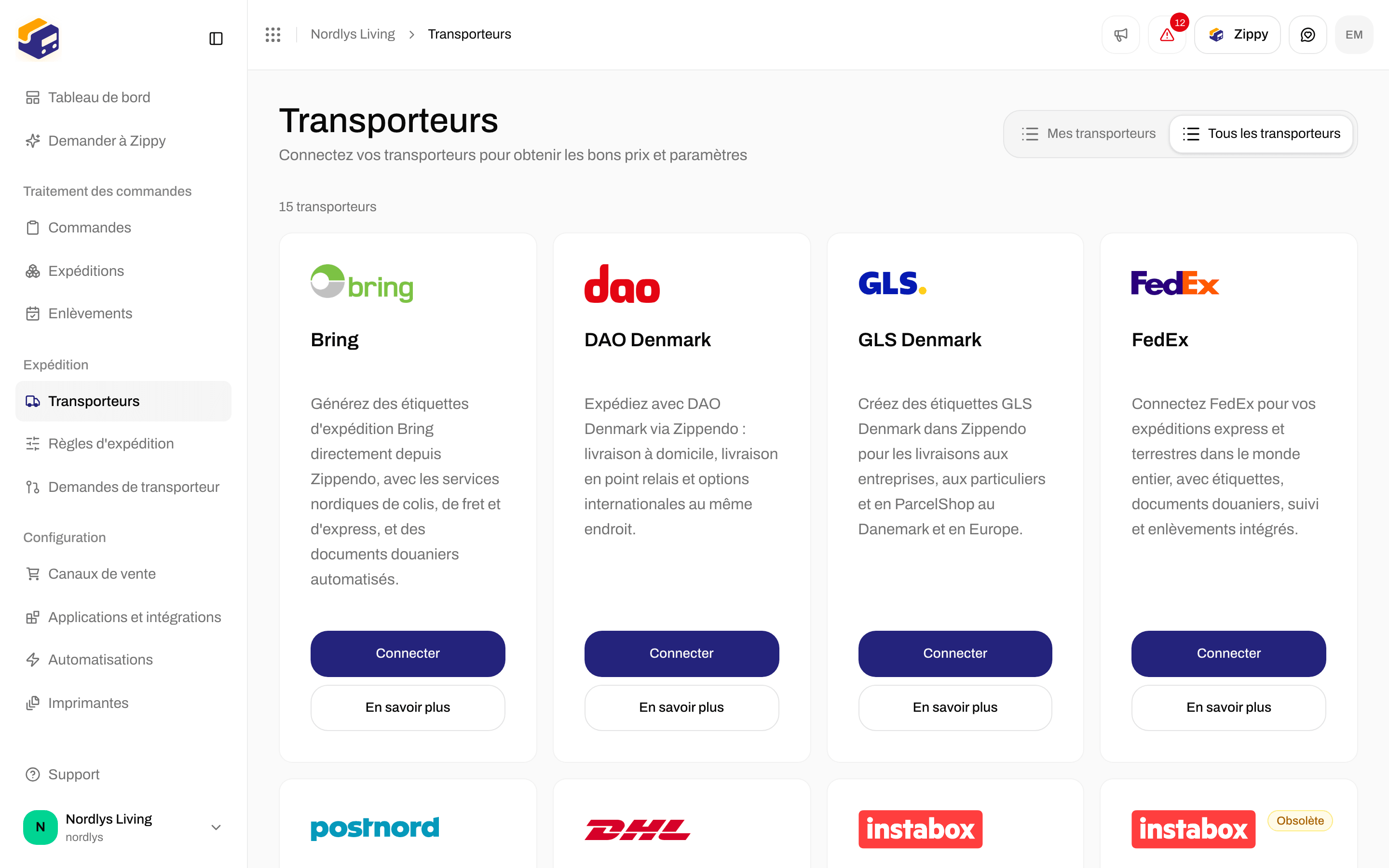 Tous les transporteurs avec la carte GLS Denmark et ses boutons Connecter et En savoir plus
