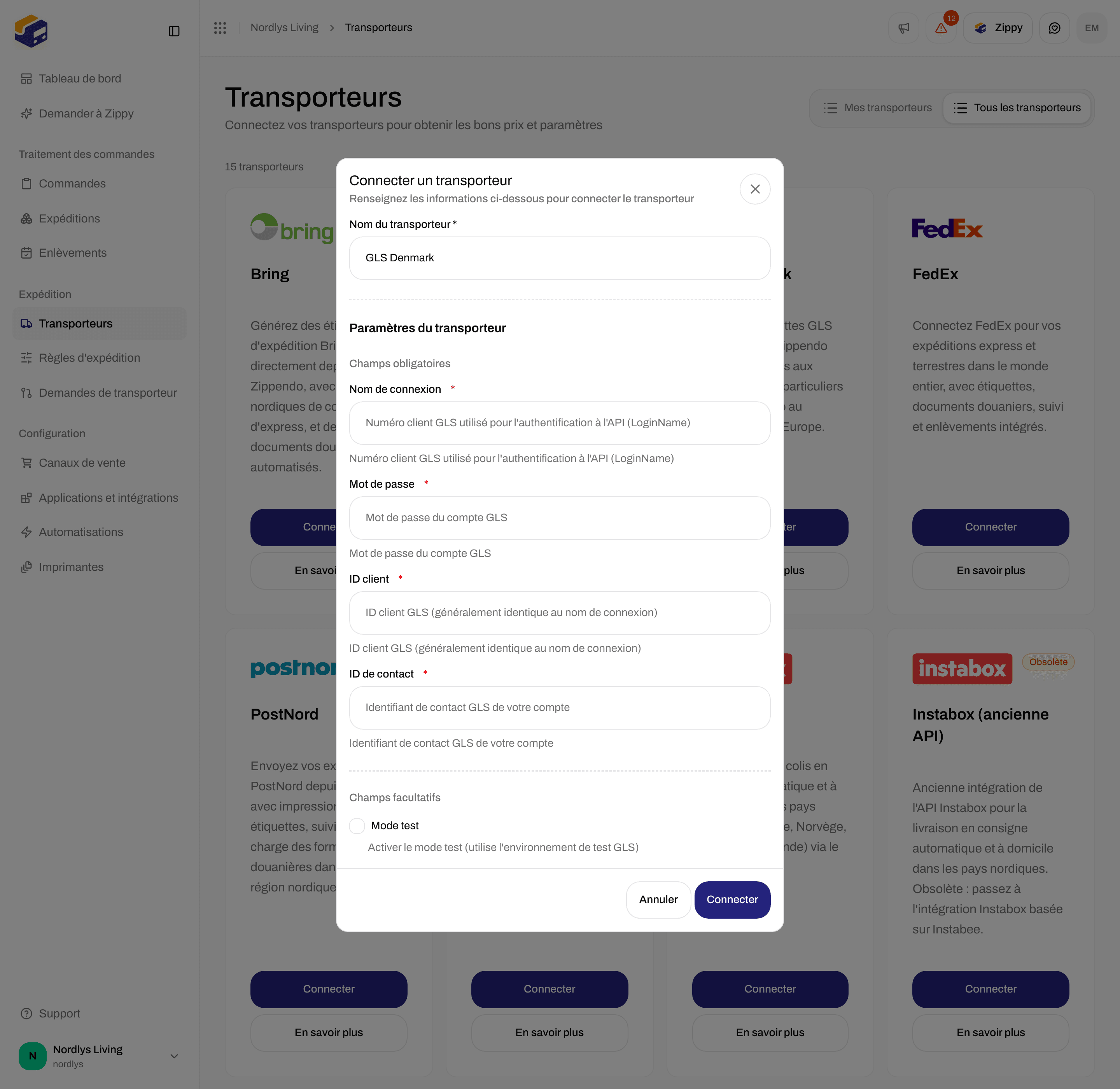 Formulaire de connexion GLS Denmark défilé jusqu'à Champs facultatifs et la case Mode test