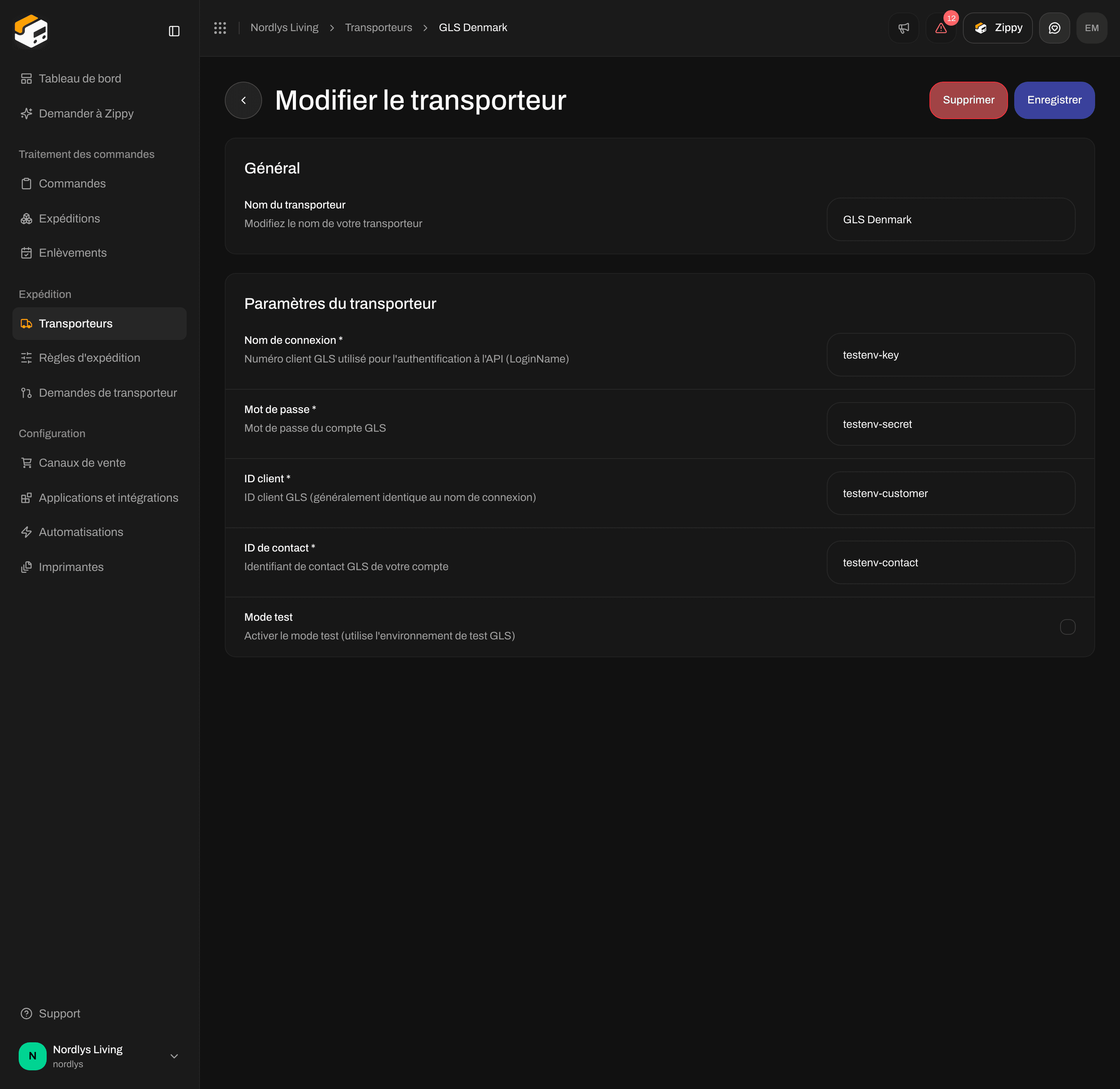 Modifier le transporteur GLS Denmark avec Nom de connexion, Mot de passe, ID client, ID de contact et Mode test