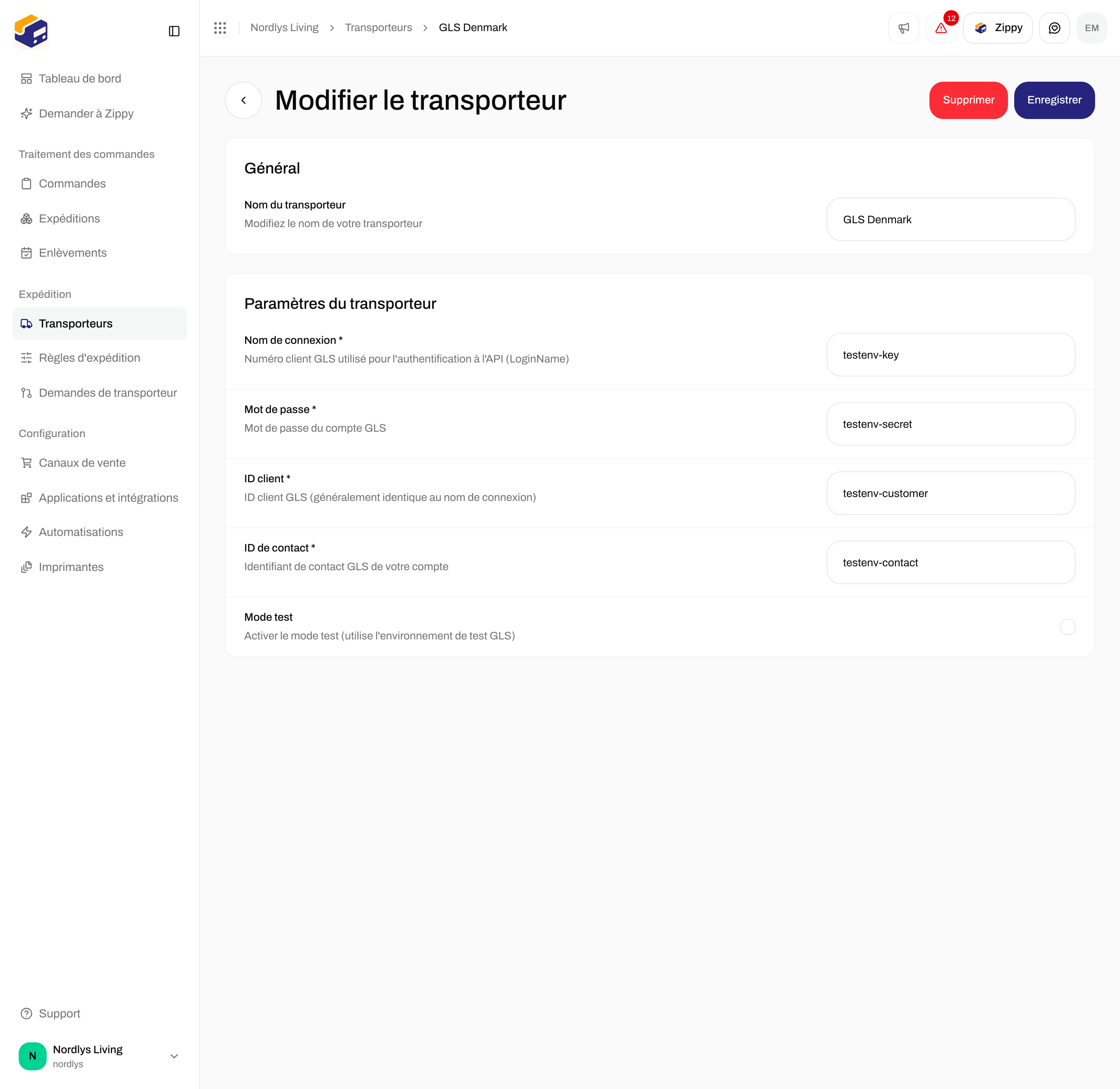 Modifier le transporteur GLS Denmark avec Nom de connexion, Mot de passe, ID client, ID de contact et Mode test