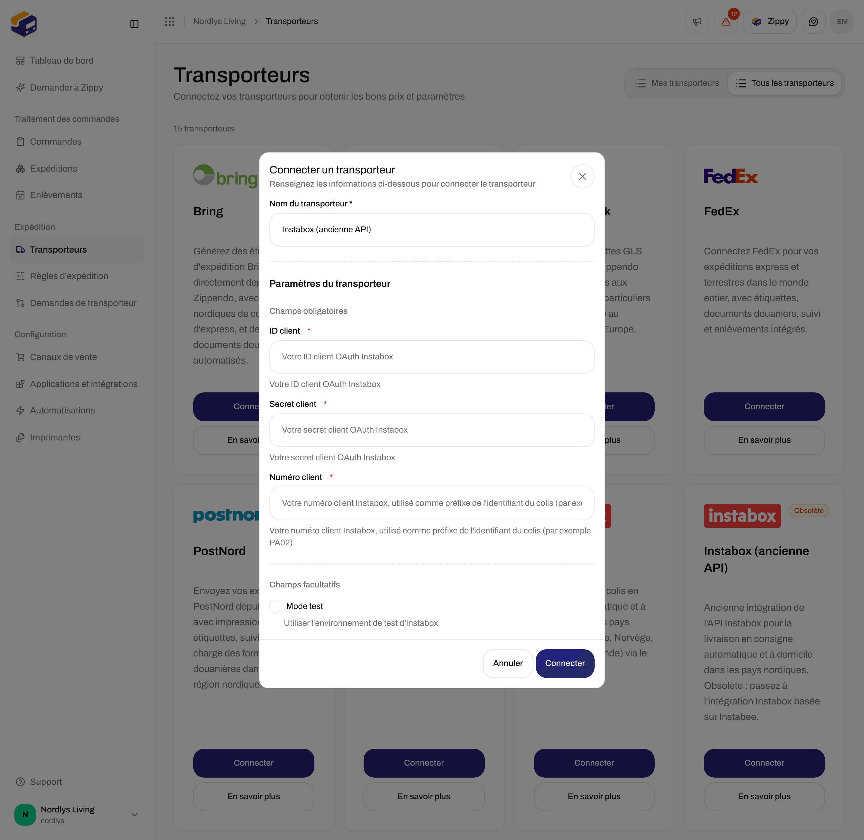 Formulaire Instabox (ancienne API) défilé jusqu'à Champs facultatifs avec la case Mode test