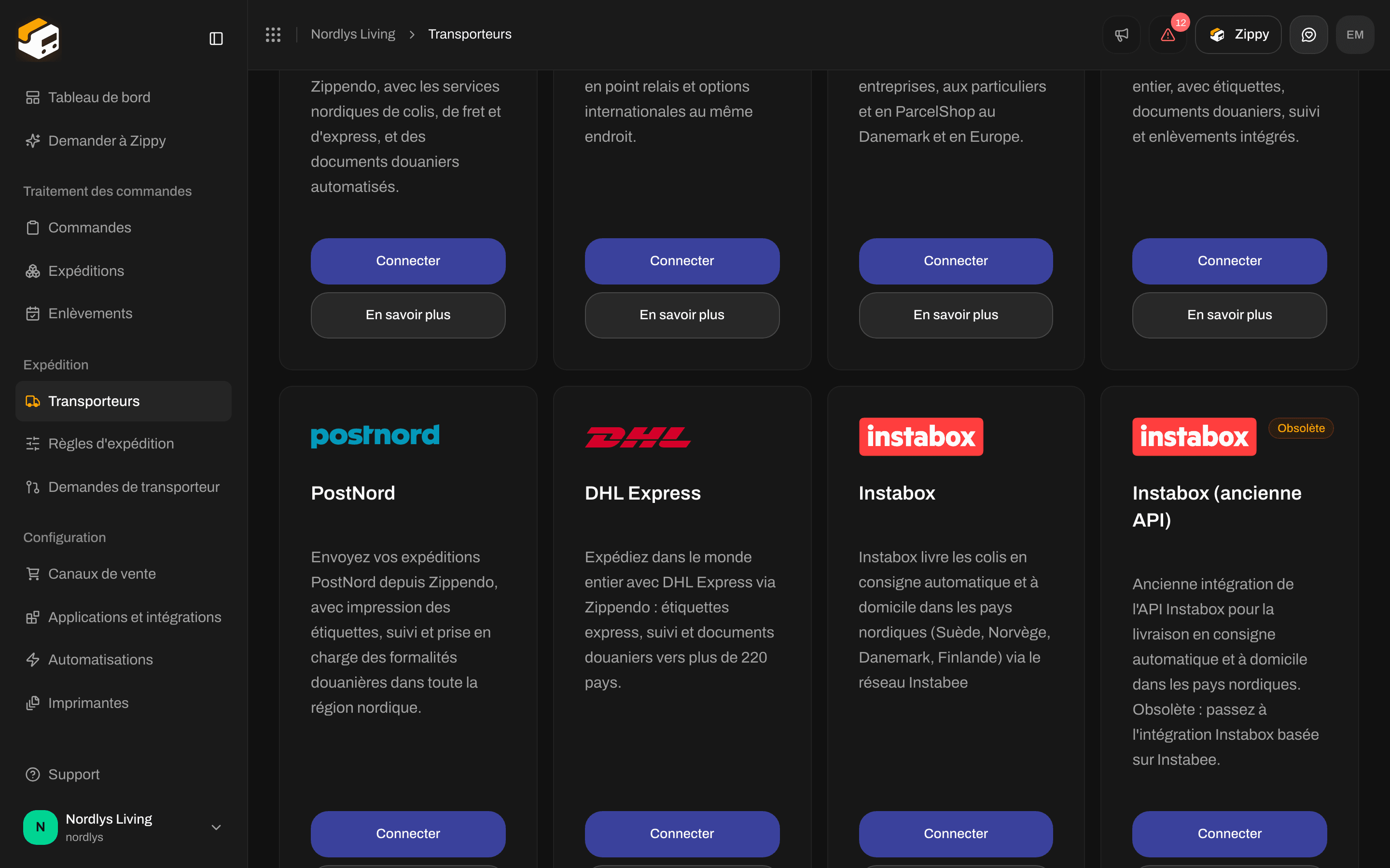 Tous les transporteurs avec la carte Instabox et ses boutons Connecter et En savoir plus