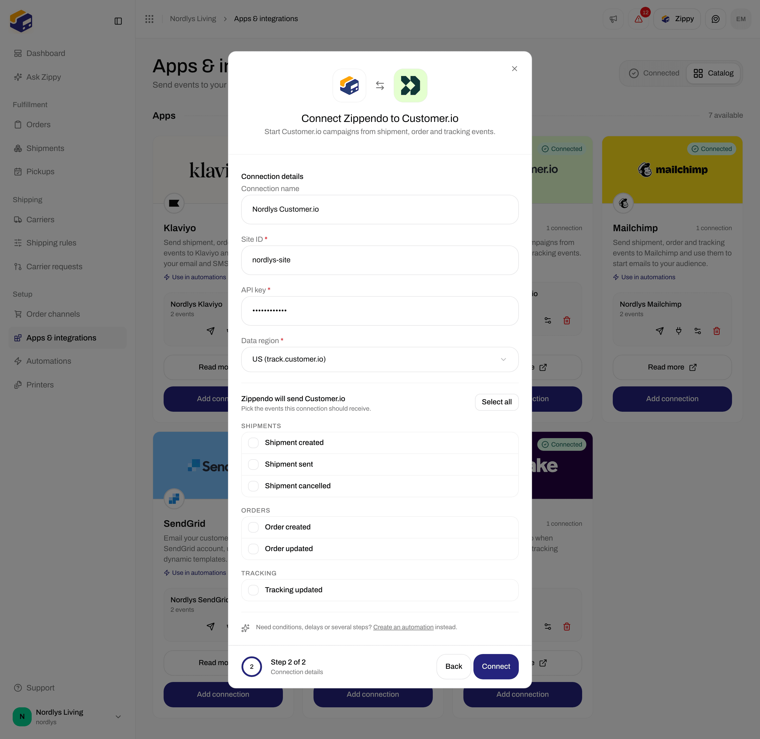 Customer.io connection window scrolled to the order and tracking event checkboxes