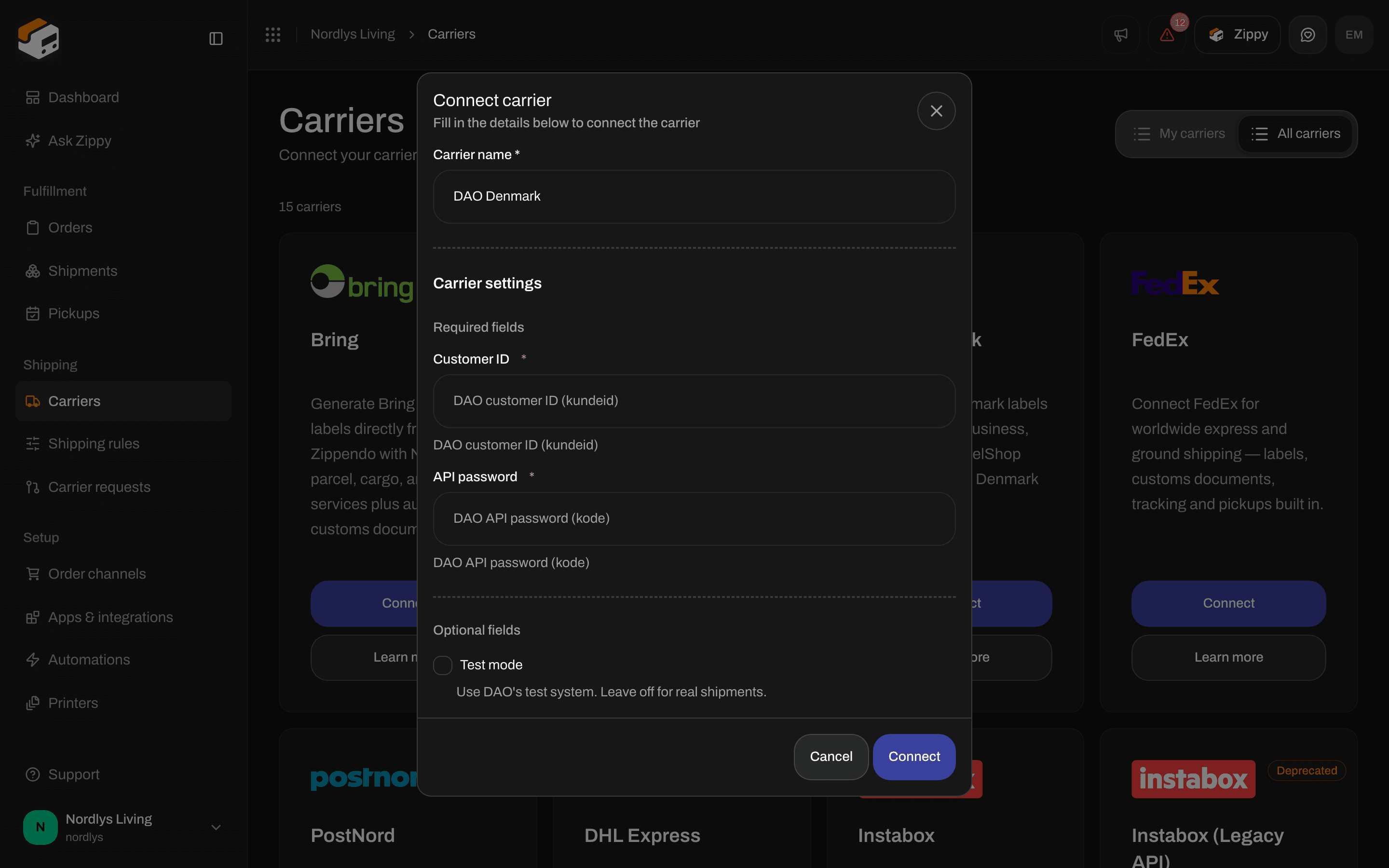 Connect carrier window for DAO Denmark with the required Customer ID and API password