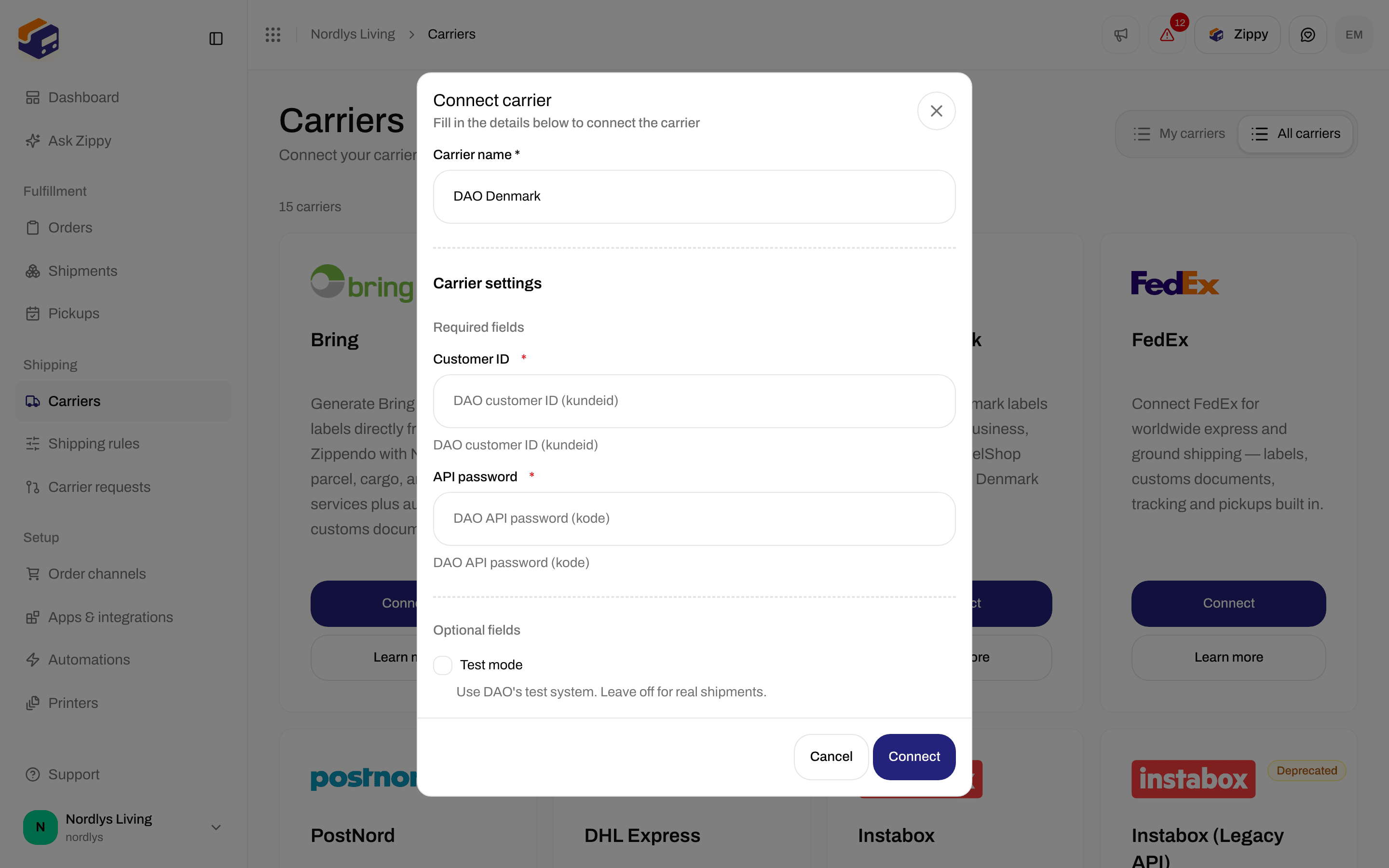 Connect carrier window for DAO Denmark with the required Customer ID and API password
