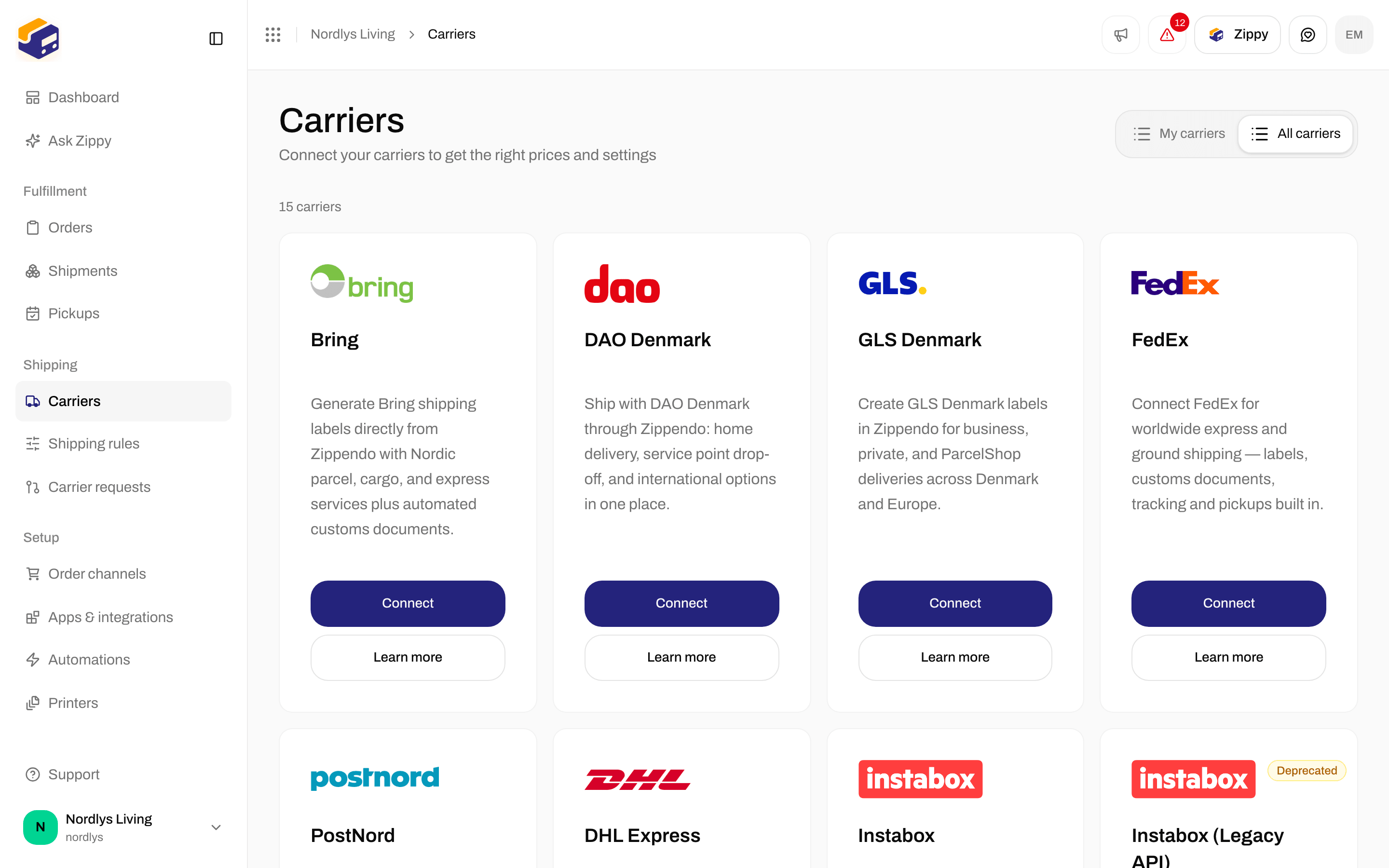 All carriers with the FedEx card and its Connect and Learn more buttons
