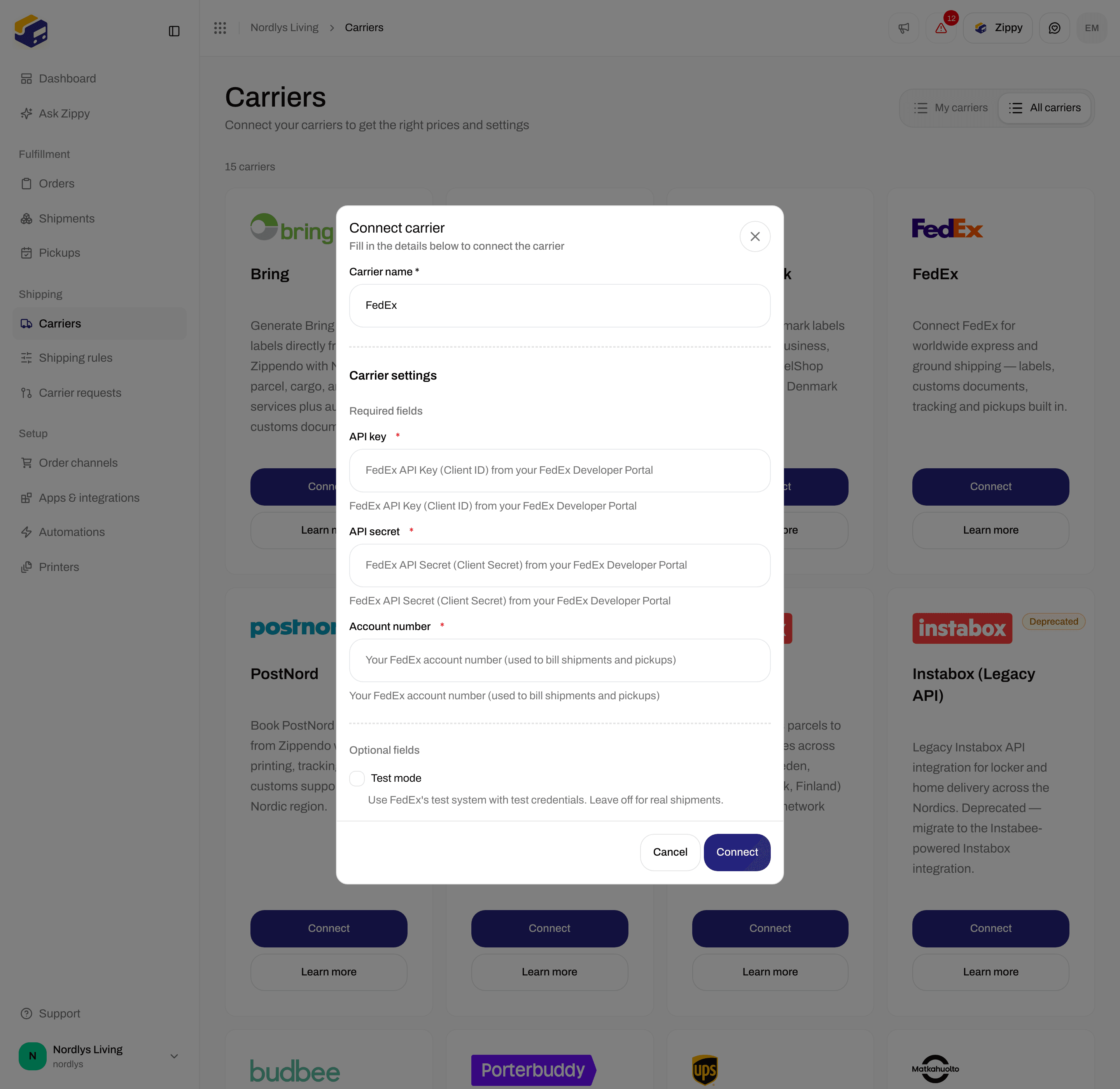 Connect carrier window for FedEx with the required API key, API secret and Account number