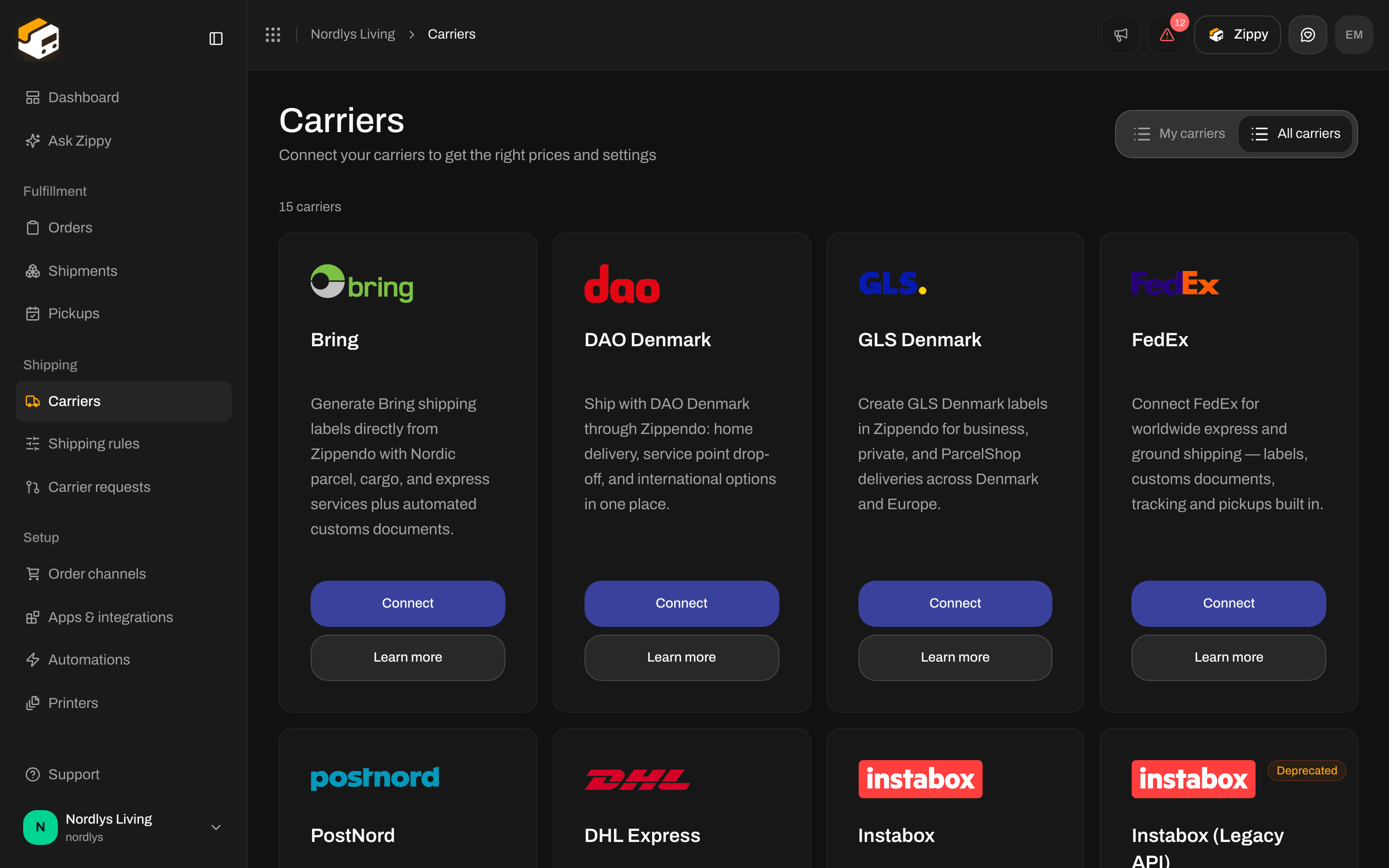 All carriers with the GLS Denmark card and its Connect and Learn more buttons