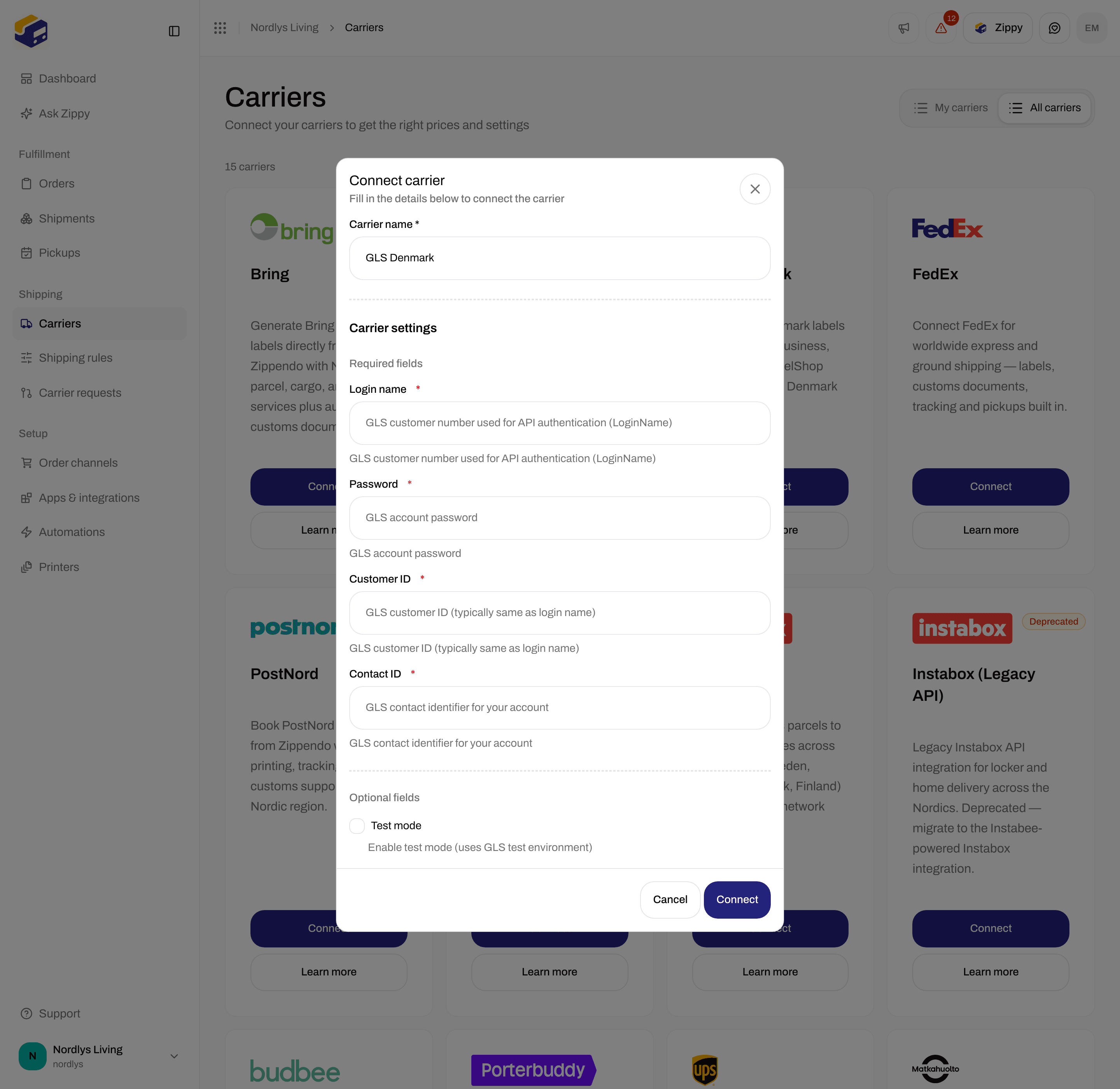 Connect carrier window for GLS Denmark with the required Login name, Password, Customer ID and Contact ID