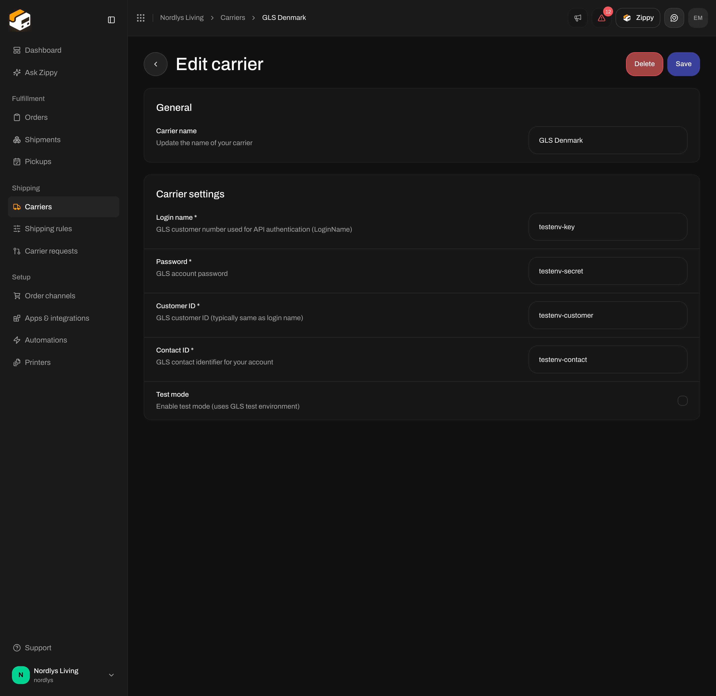 Edit carrier for GLS Denmark with Login name, Password, Customer ID, Contact ID and Test mode