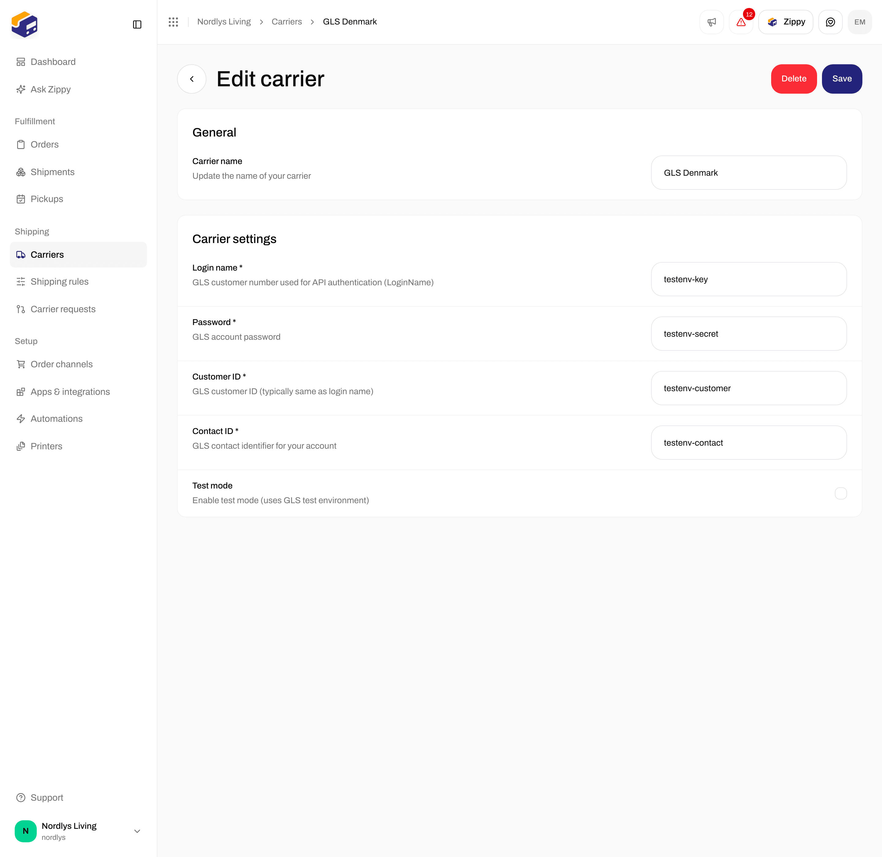 Edit carrier for GLS Denmark with Login name, Password, Customer ID, Contact ID and Test mode