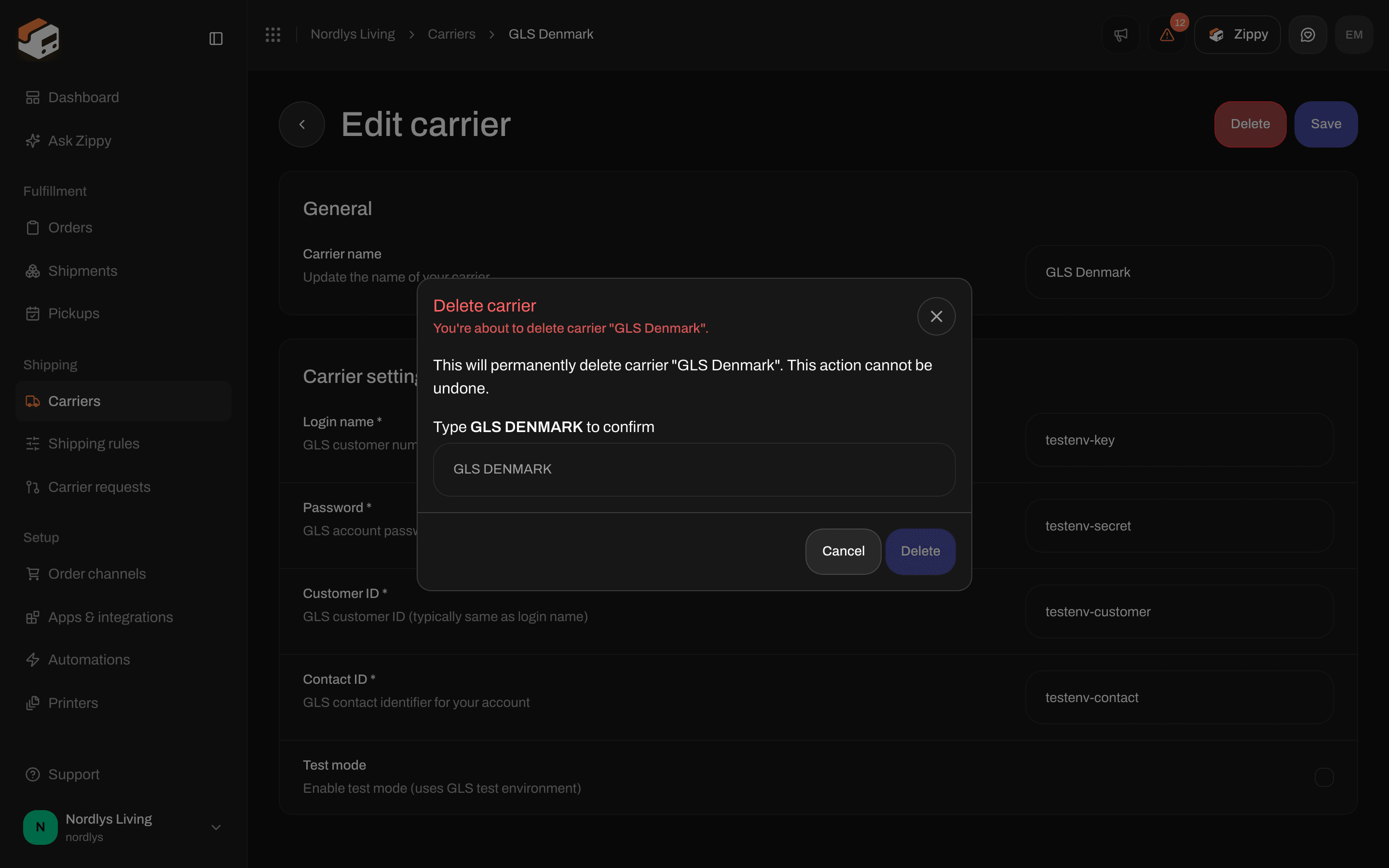 Delete carrier window asking you to type the GLS Denmark name in capital letters