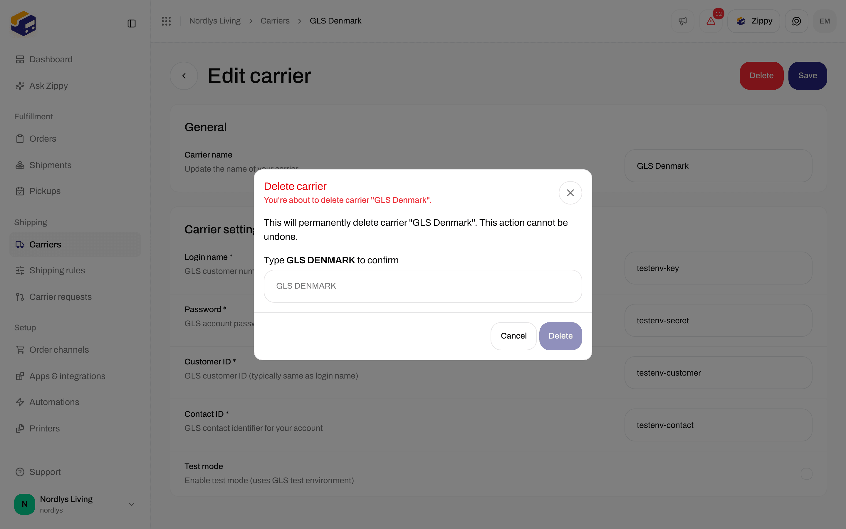 Delete carrier window asking you to type the GLS Denmark name in capital letters