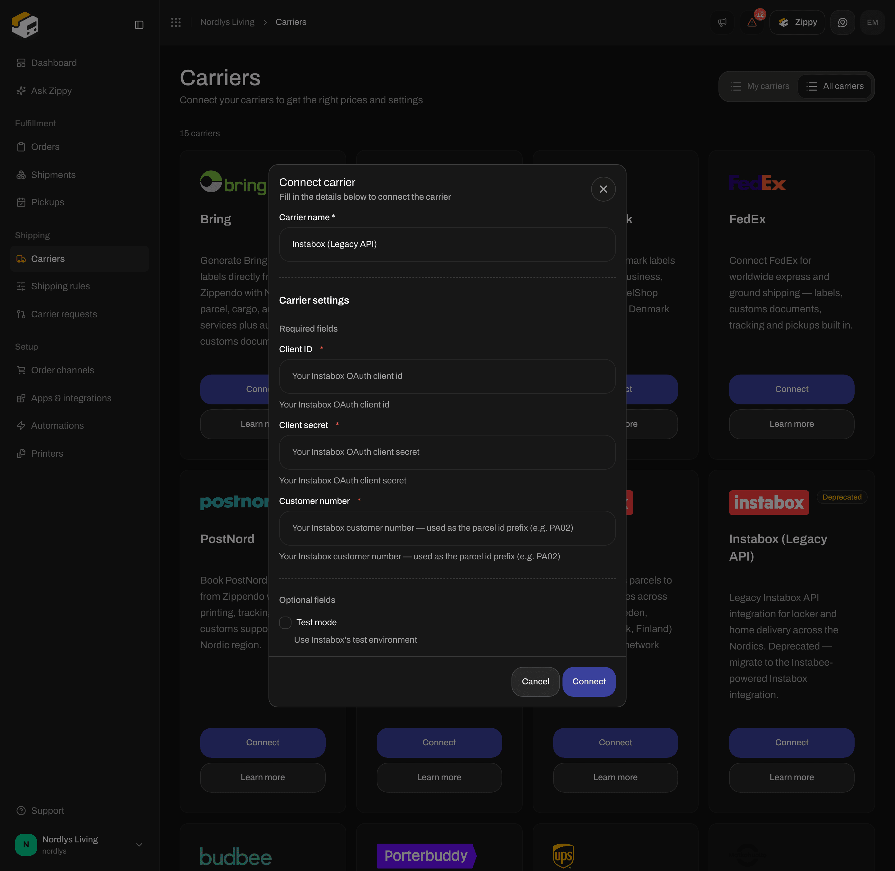 Instabox Legacy API form scrolled to Optional fields with the Test mode checkbox