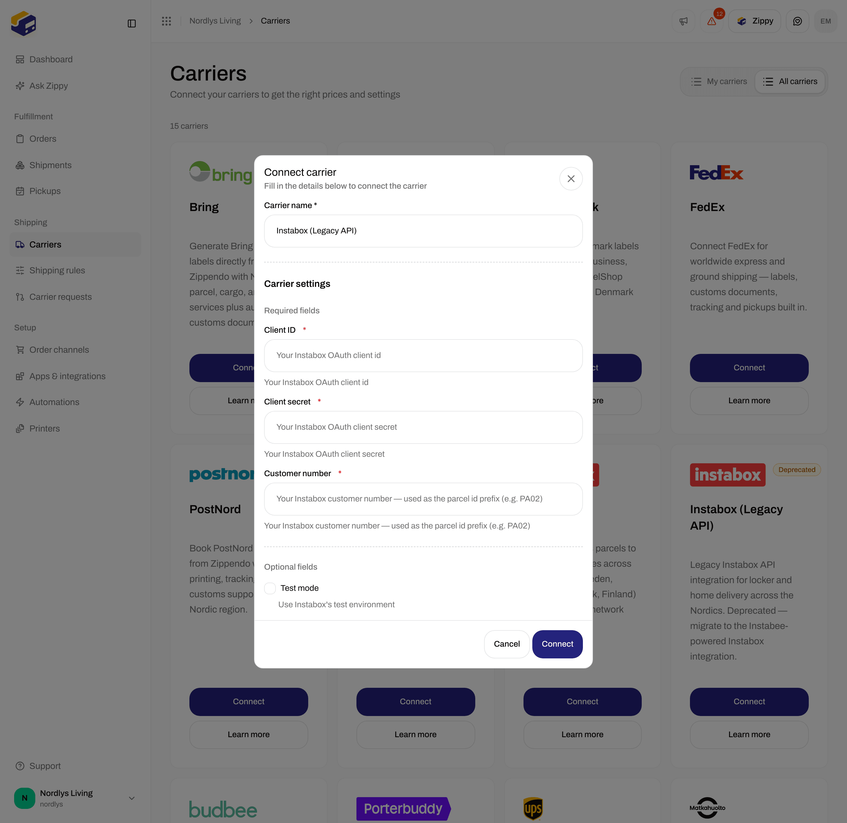 Instabox Legacy API form scrolled to Optional fields with the Test mode checkbox