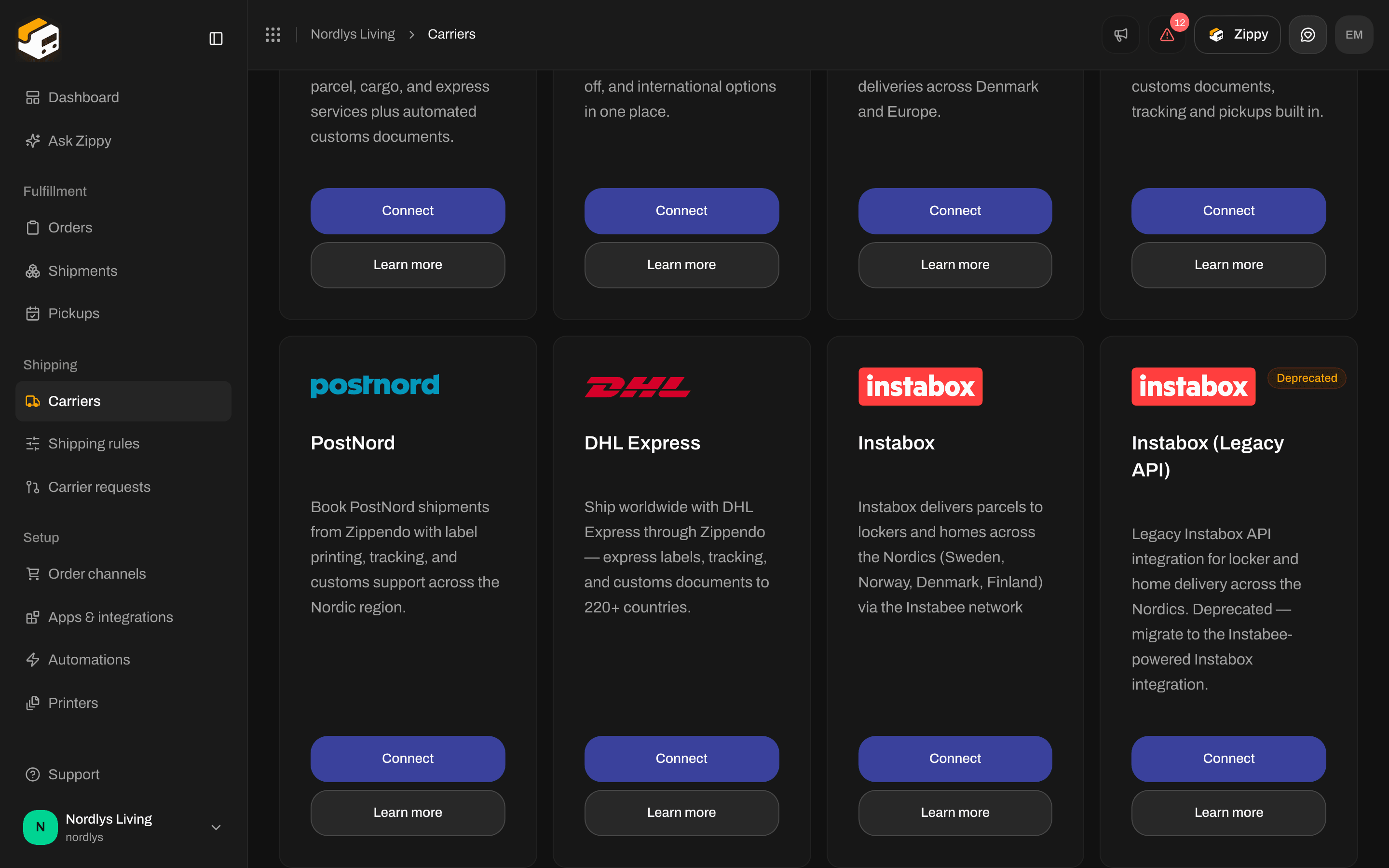 All carriers with the Instabox card and its Connect and Learn more buttons