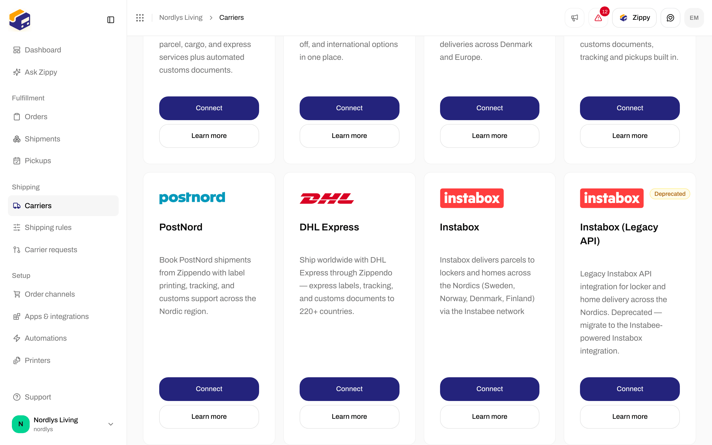 All carriers with the Instabox card and its Connect and Learn more buttons