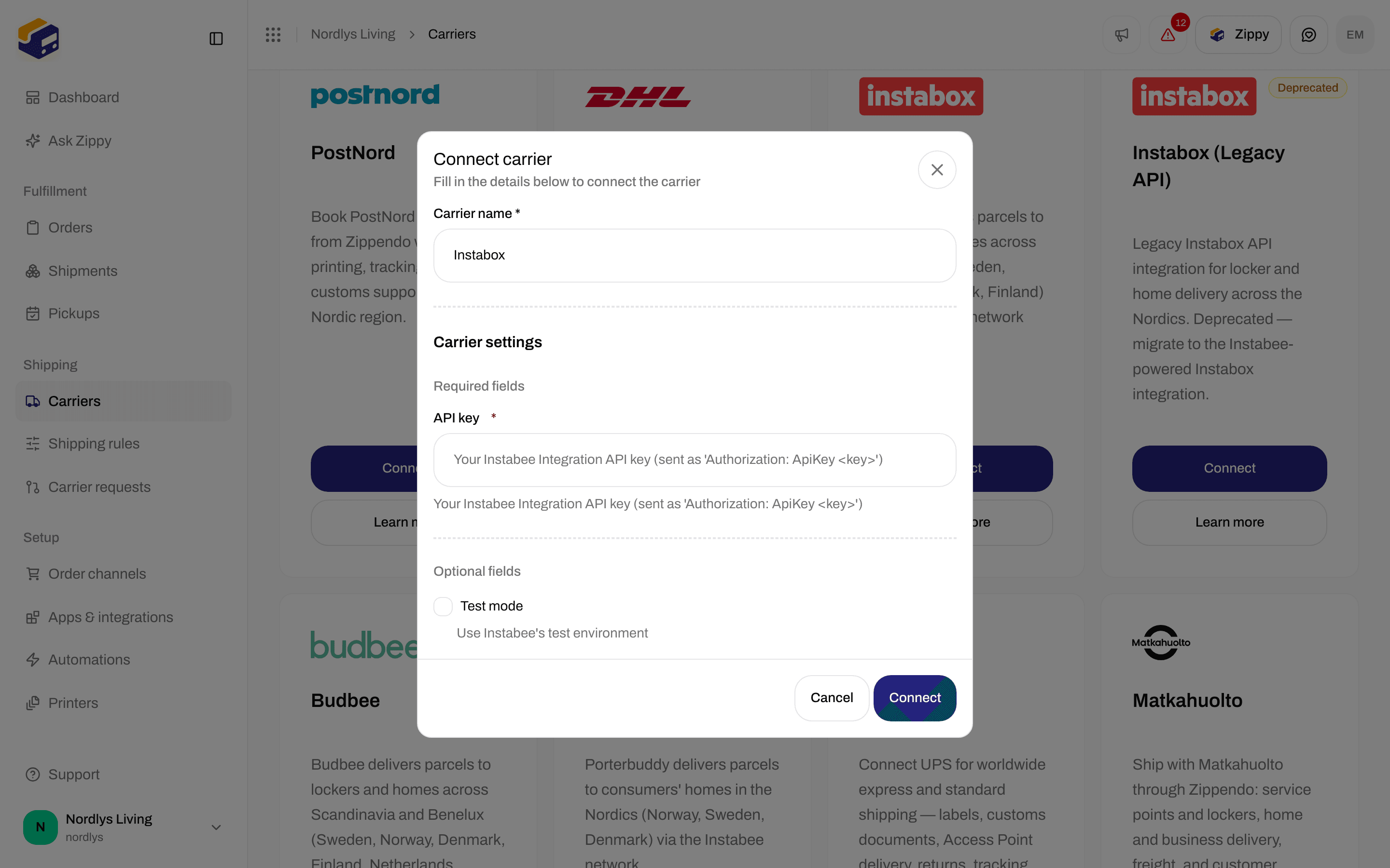 Connect carrier window for Instabox with the required API key and the optional Test mode