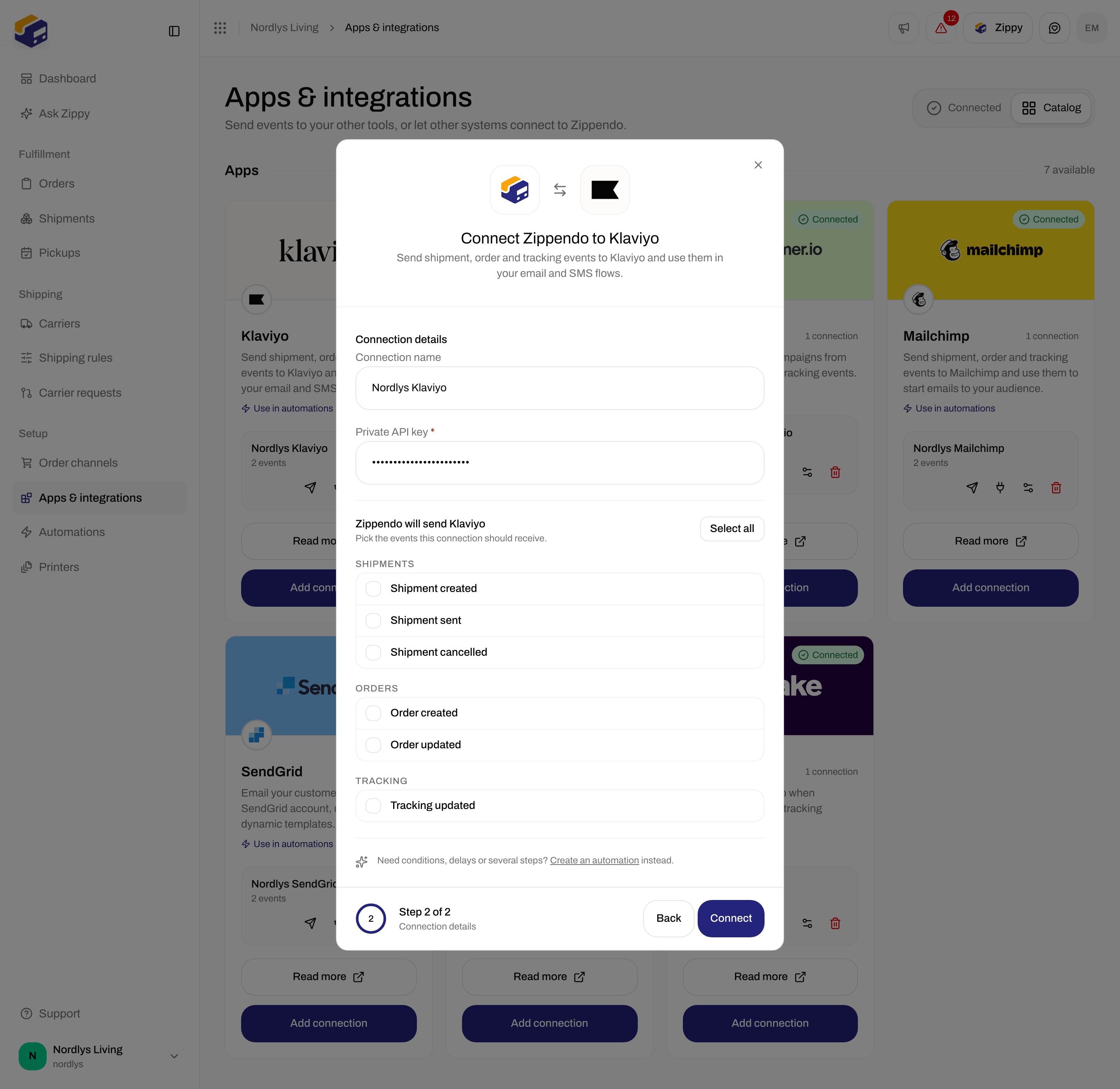 Connection window for Klaviyo with a connection name, the Private API key field and event checkboxes