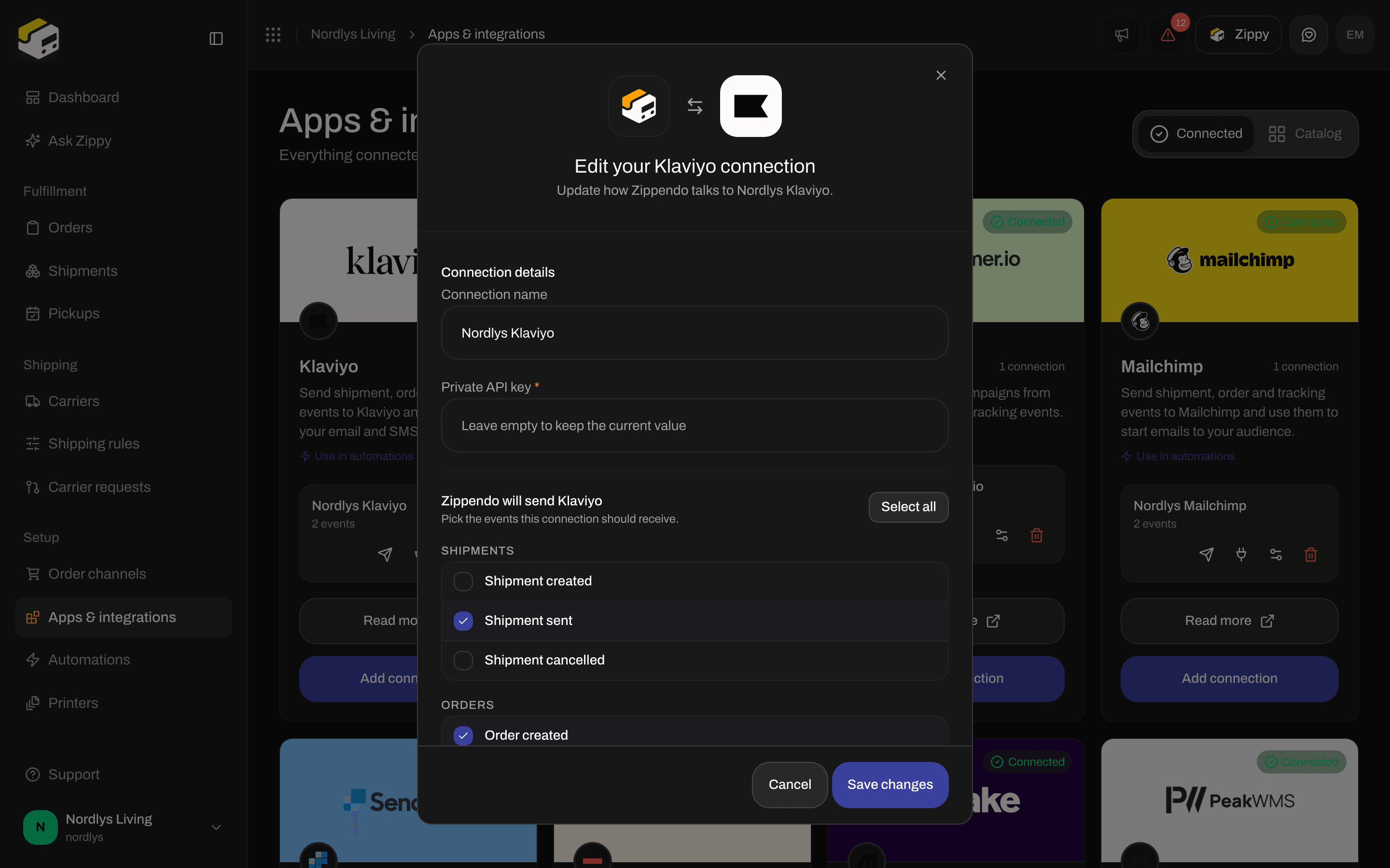 Edit window for a Klaviyo connection with the connection name, an empty key field and the events