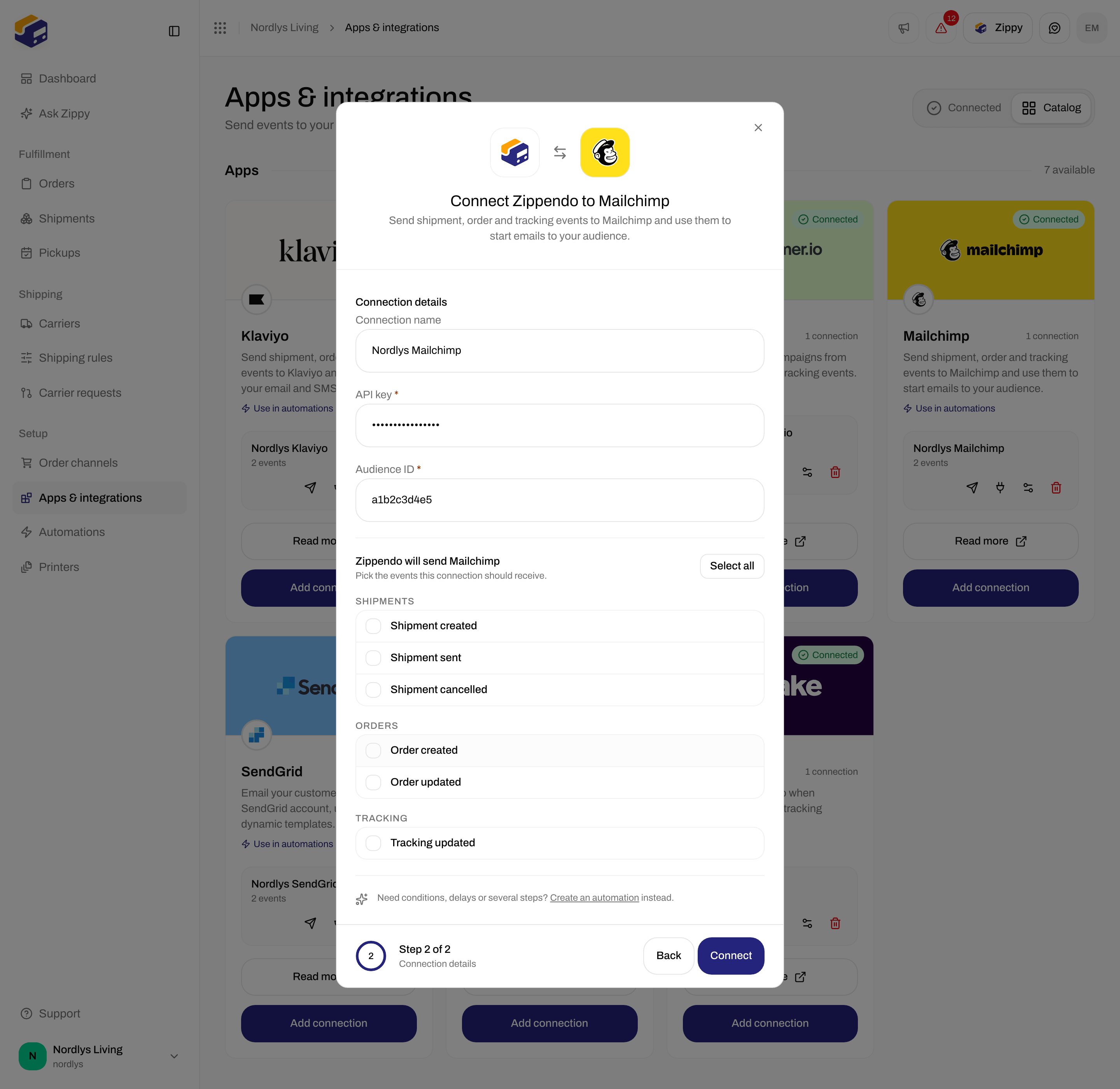 Connection window for Mailchimp with a connection name, API key, Audience ID and event checkboxes