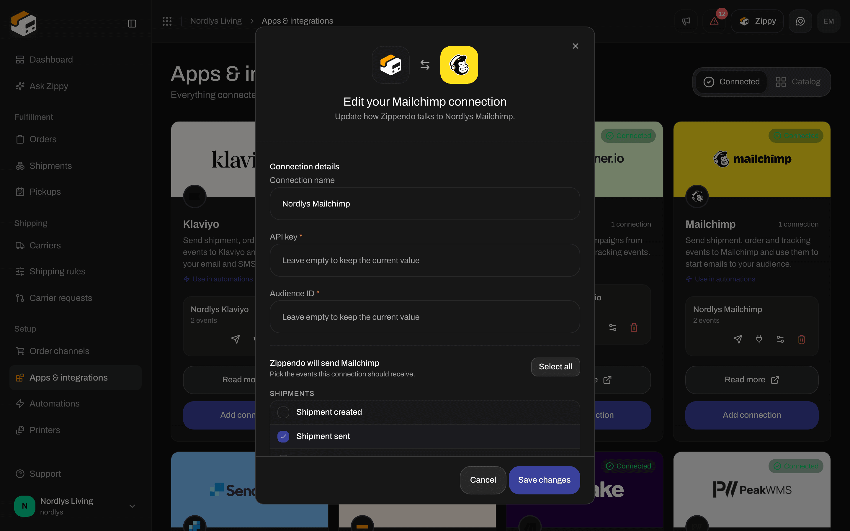 Edit window for a Mailchimp connection with the connection name, empty API key and Audience ID fields and the events
