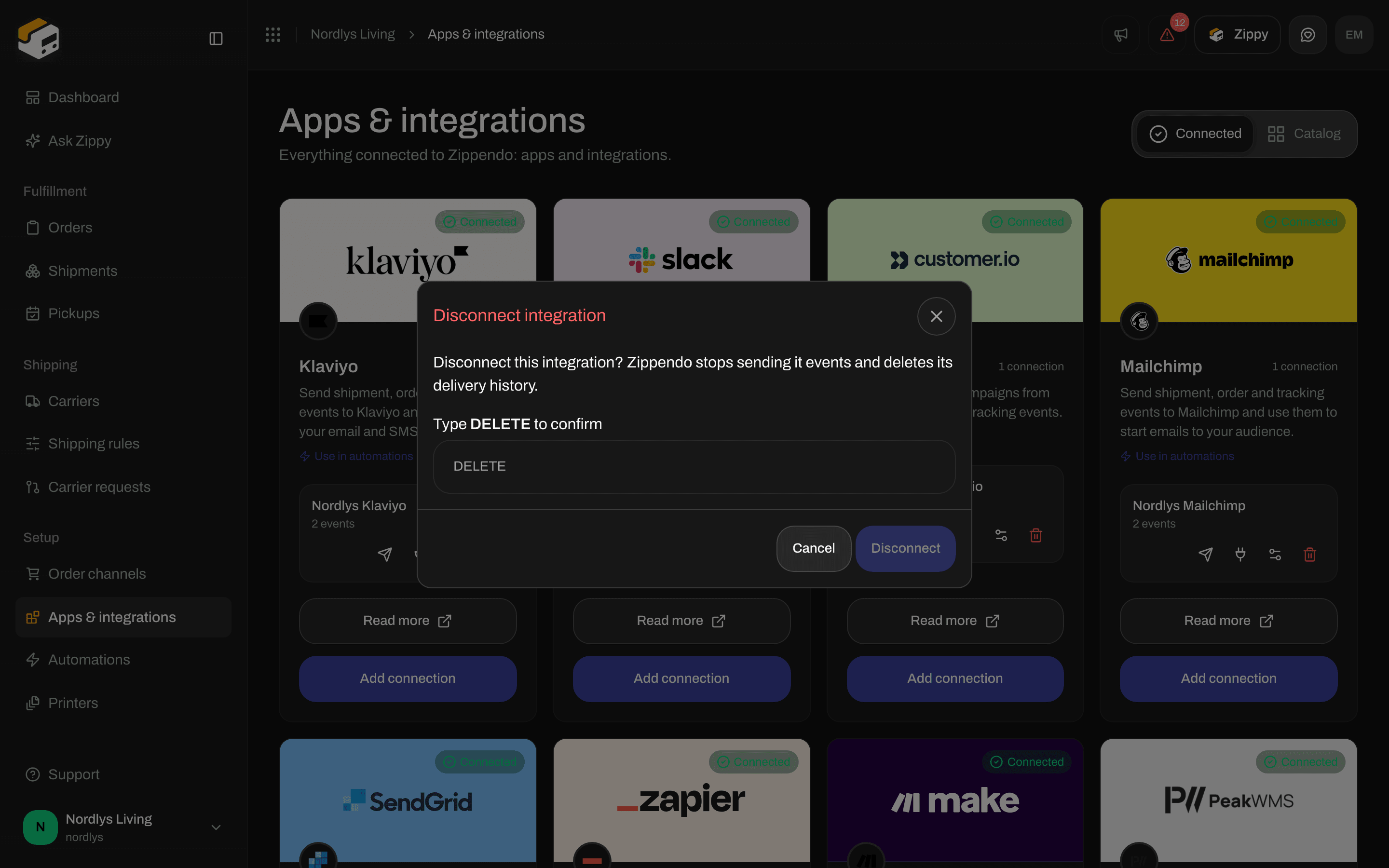Disconnect integration window asking you to type DELETE