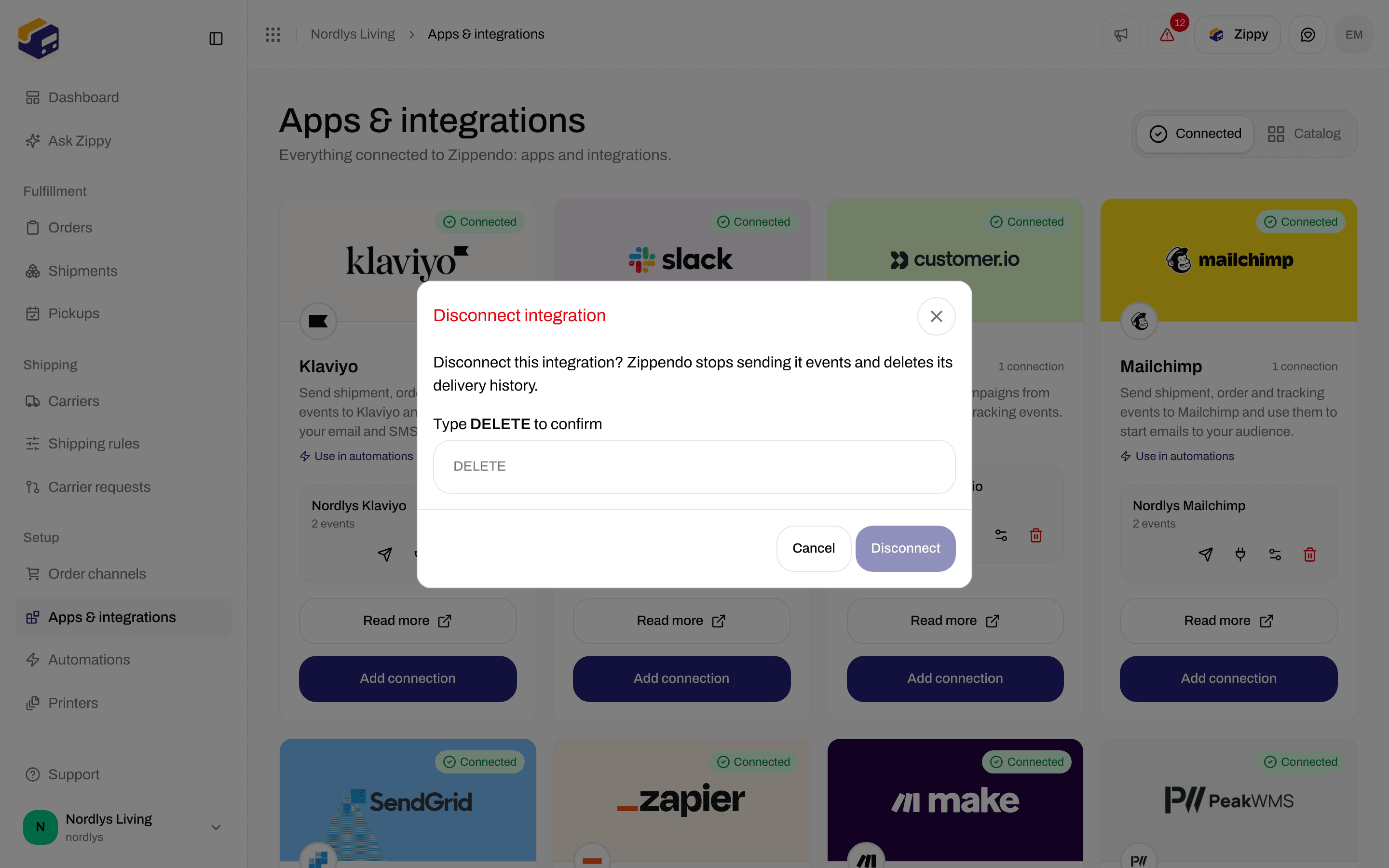 Disconnect integration window asking you to type DELETE