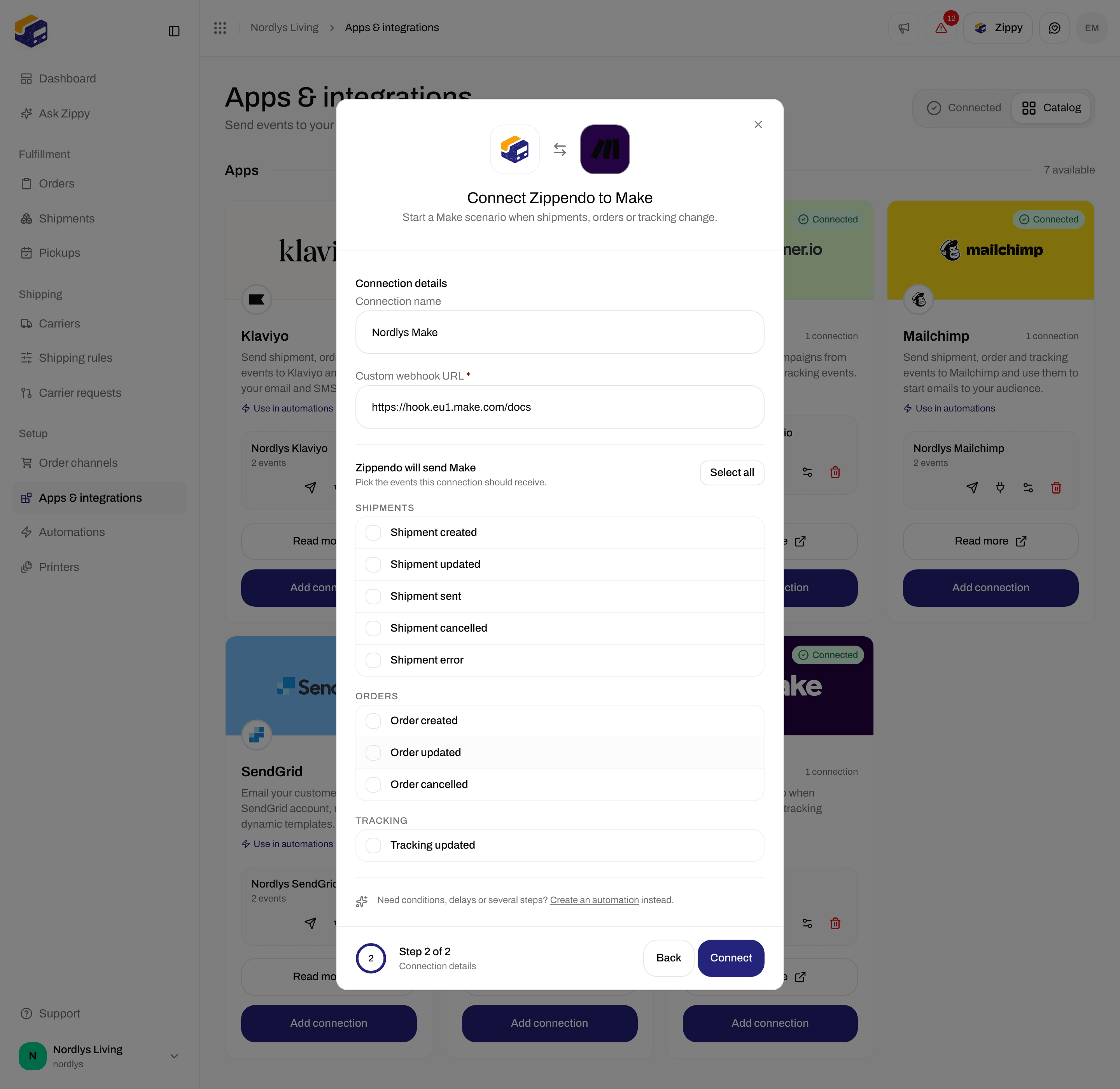 Connection window for Make with a connection name, the Custom webhook URL and event checkboxes