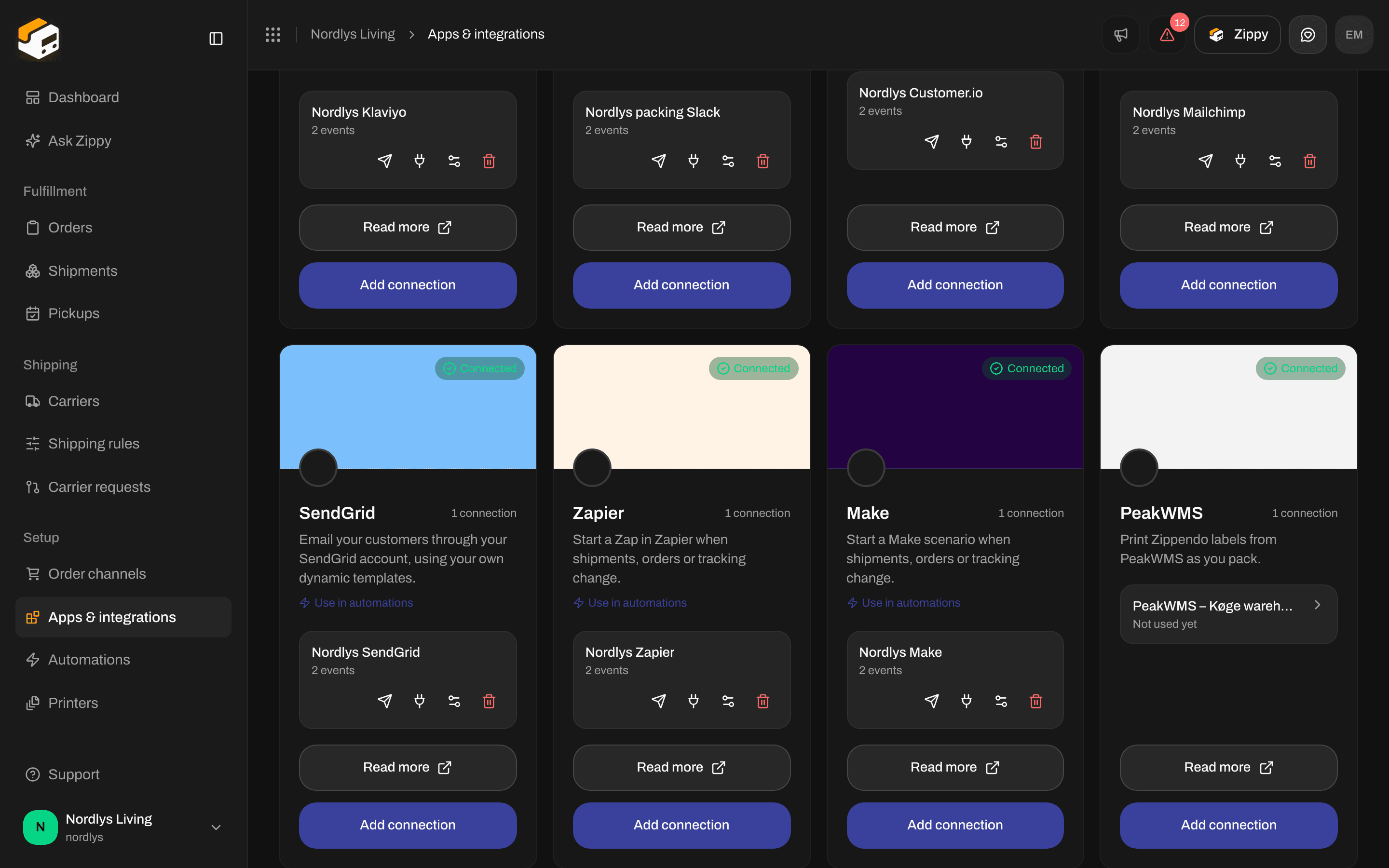 Connected tab with a Make connection and the test, delivery log, edit and delete icons