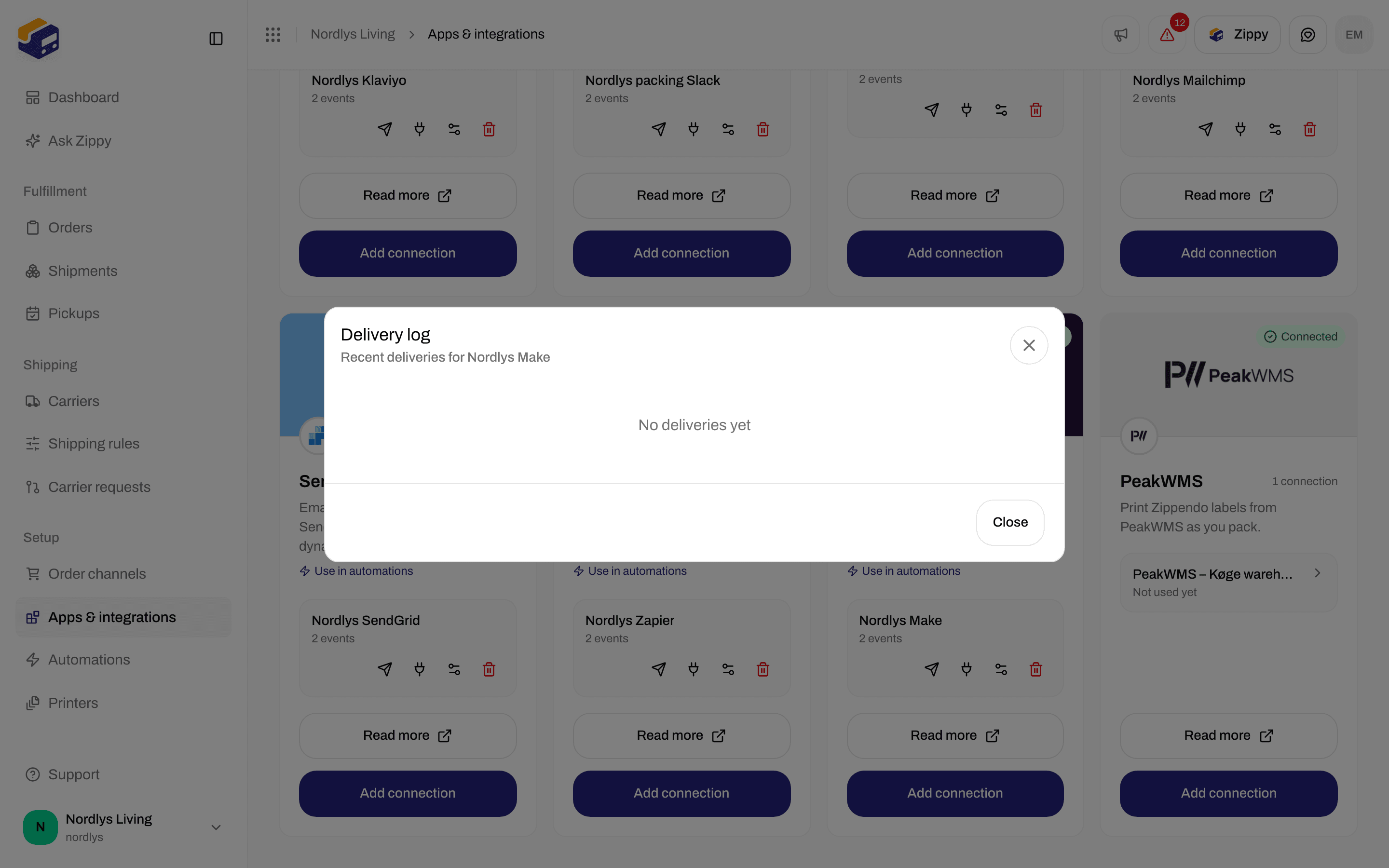 Delivery log window for a Make connection saying No deliveries yet