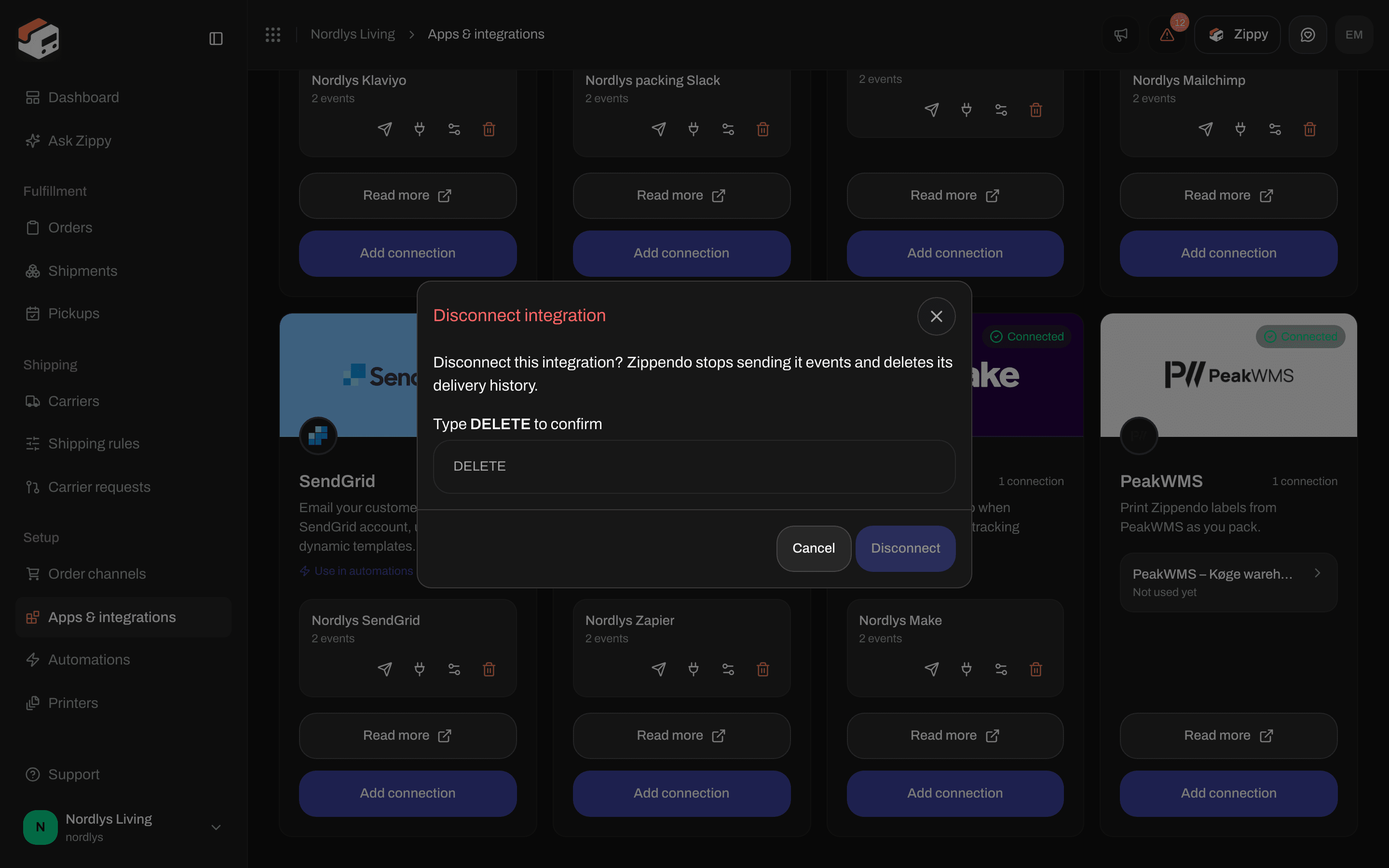 Disconnect integration window asking you to type DELETE