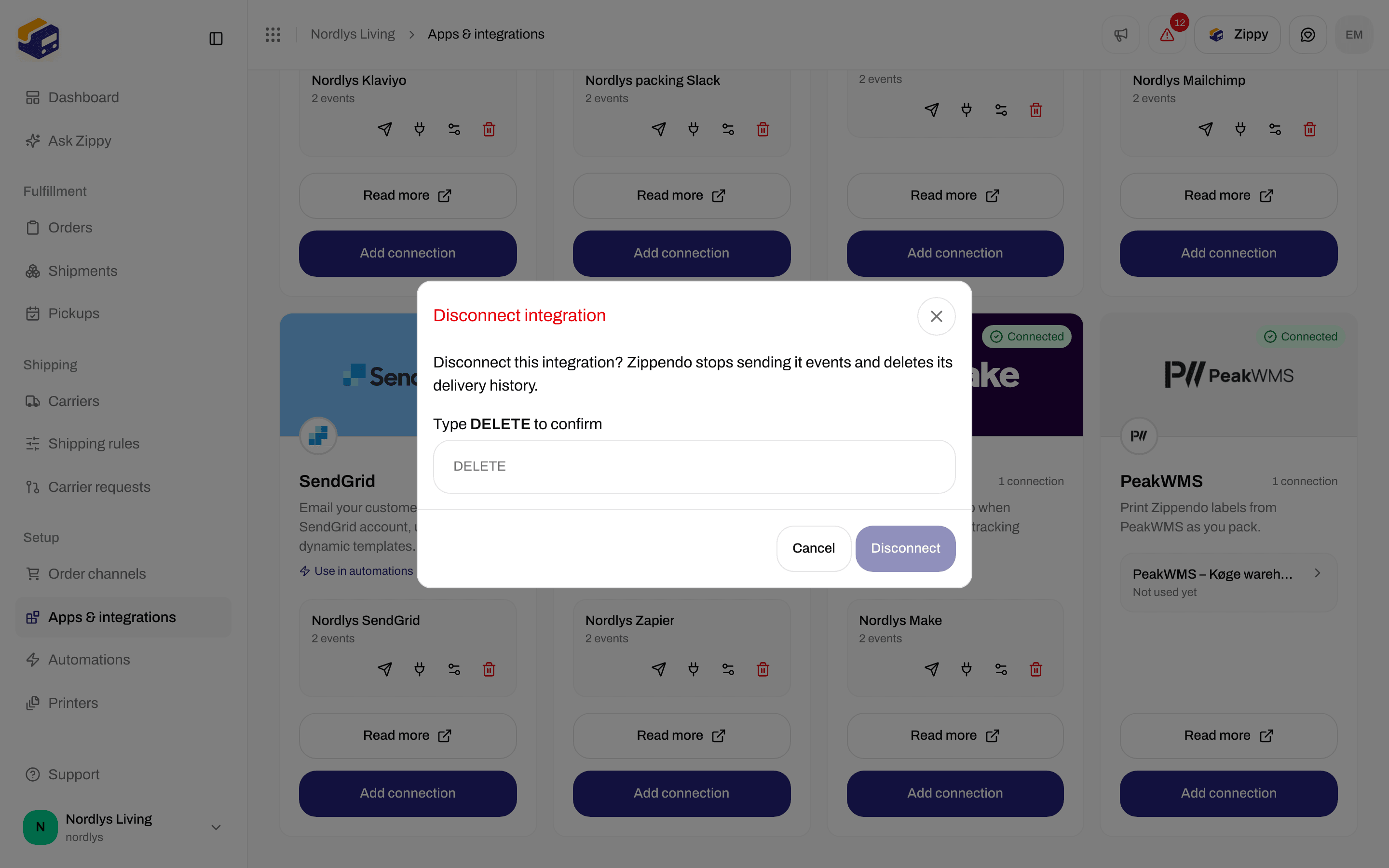 Disconnect integration window asking you to type DELETE