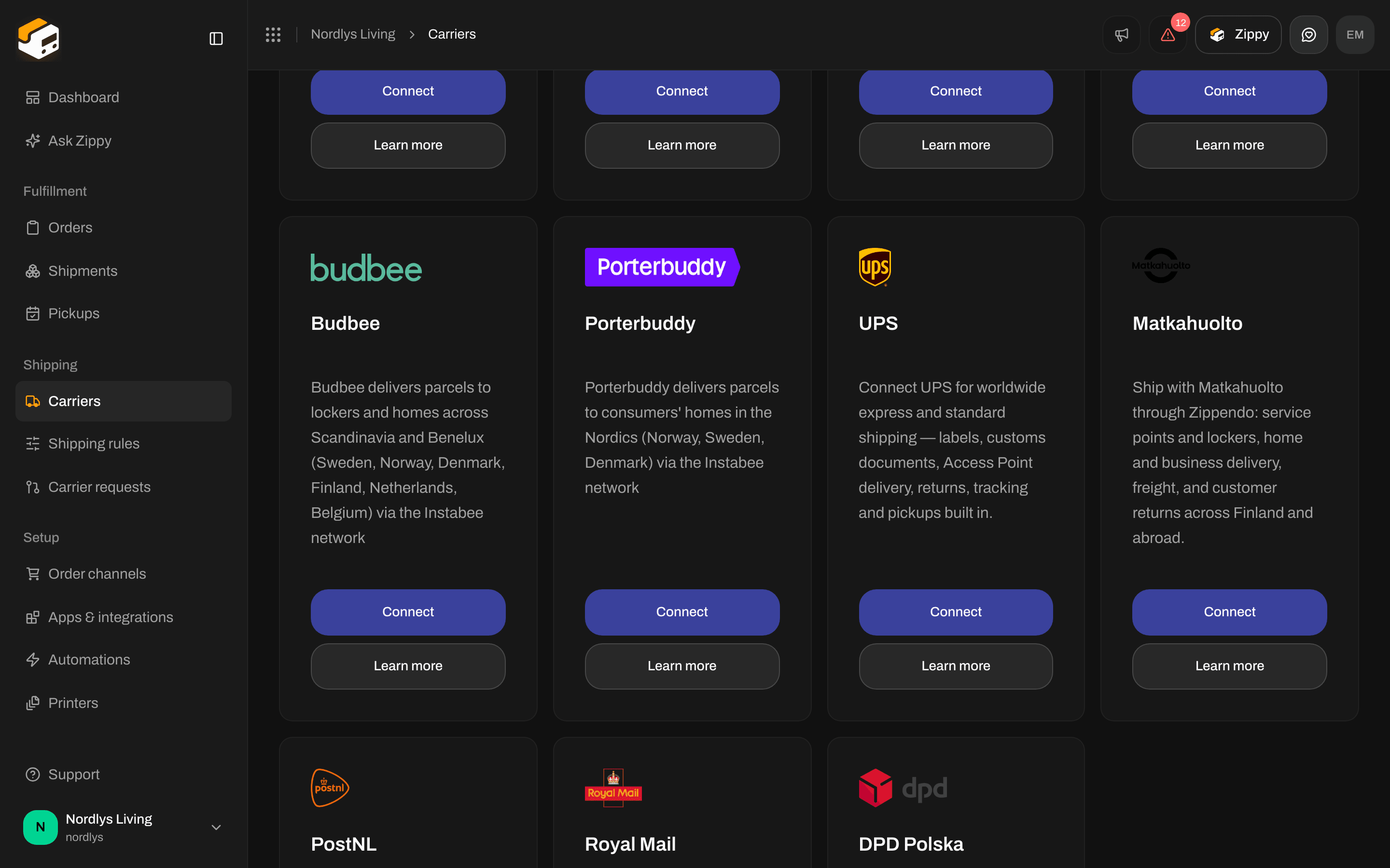 All carriers tab with the Matkahuolto card and its Connect and Learn more buttons