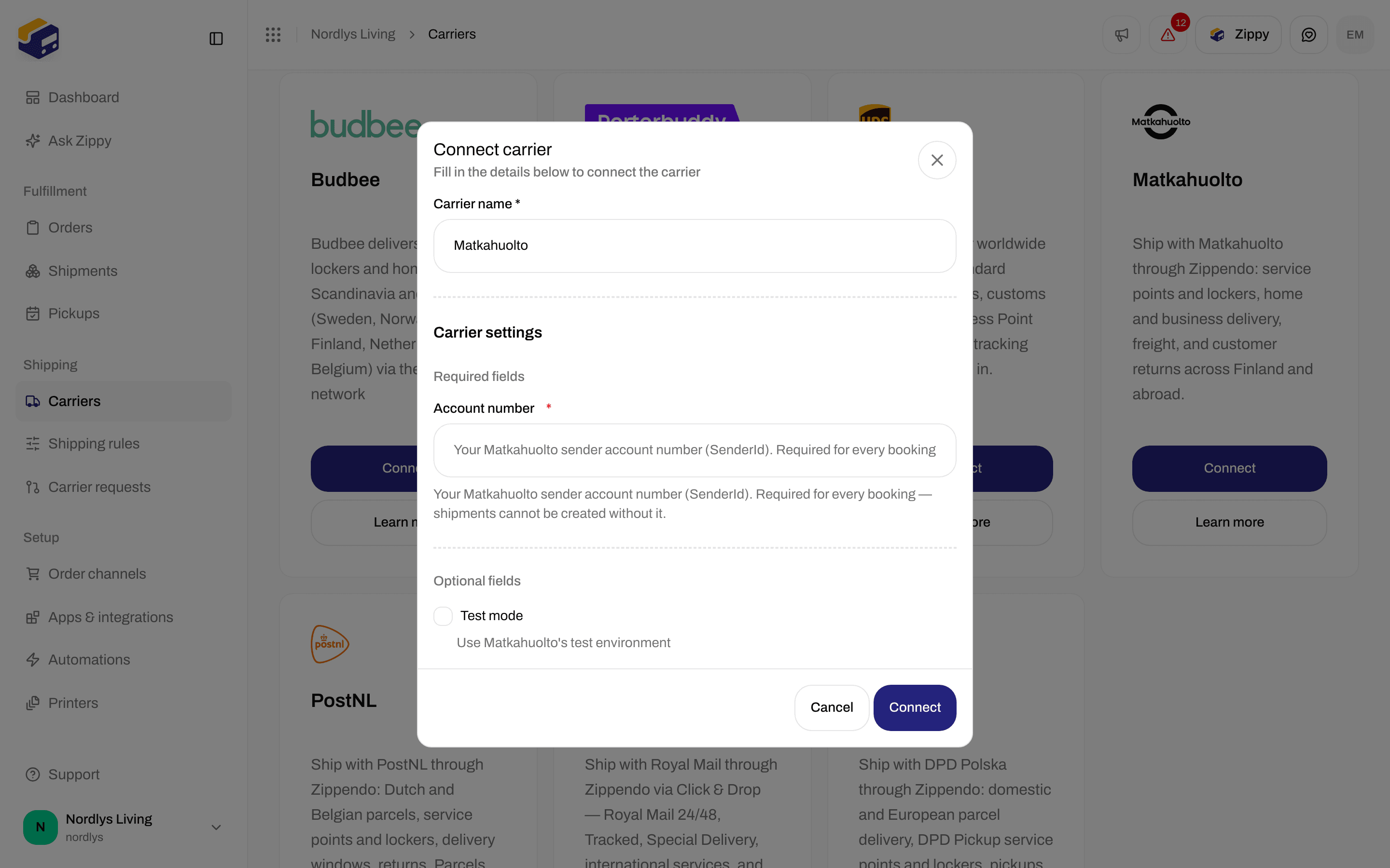 Connect carrier window for Matkahuolto with the Account number field and the Test mode checkbox