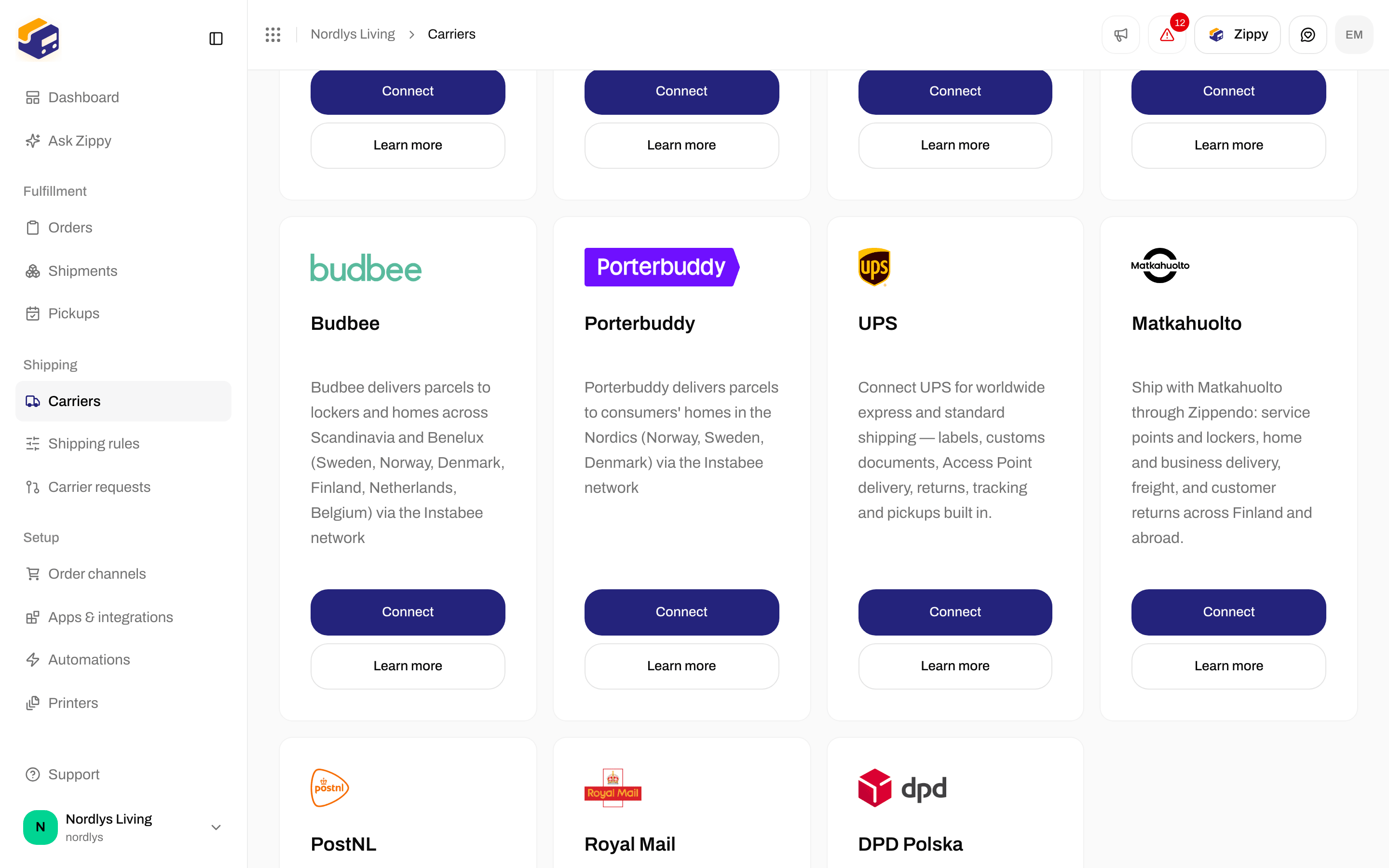 All carriers tab with the Porterbuddy card and its Connect and Learn more buttons