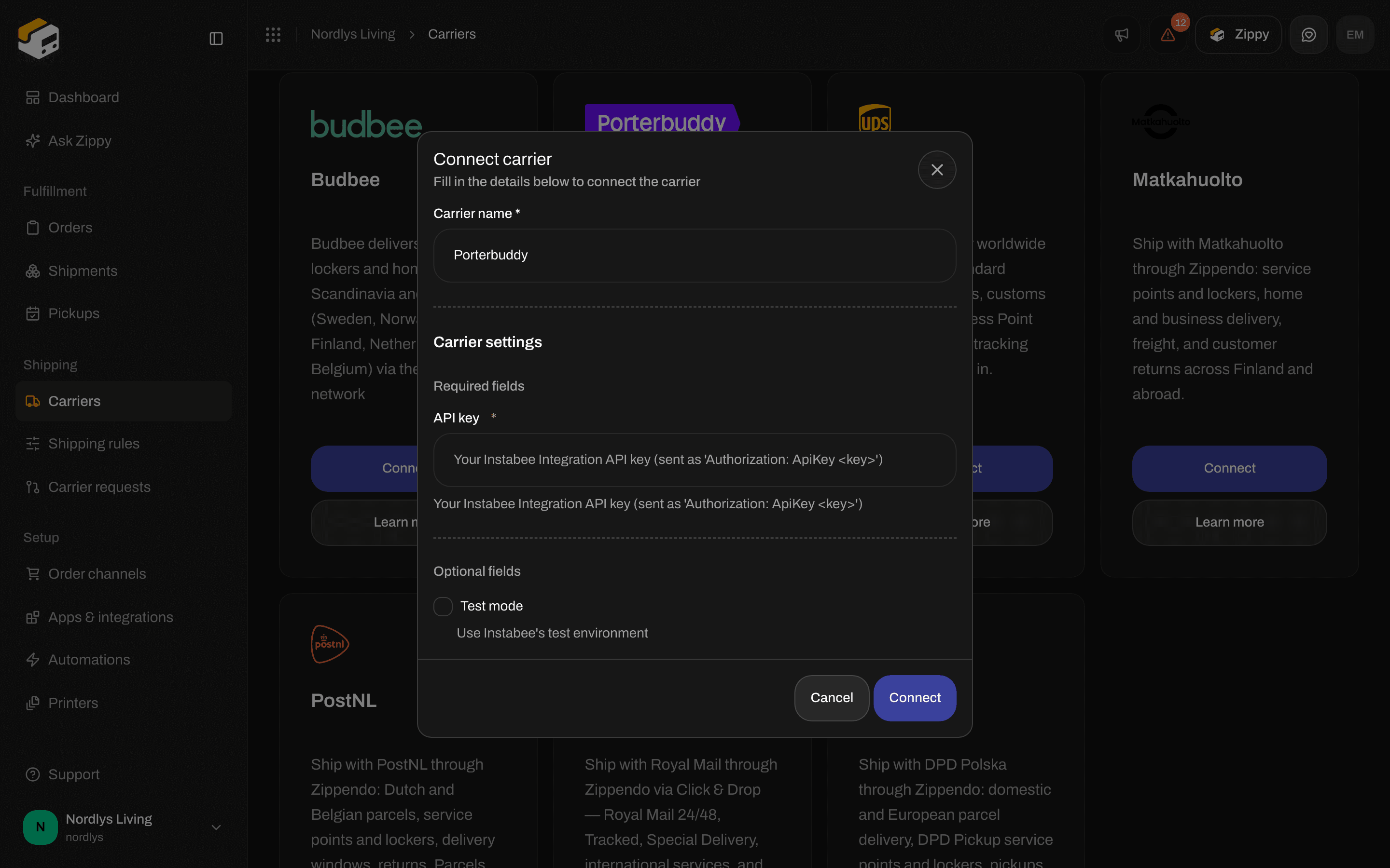 Connect carrier window for Porterbuddy with the API key field and the Test mode checkbox