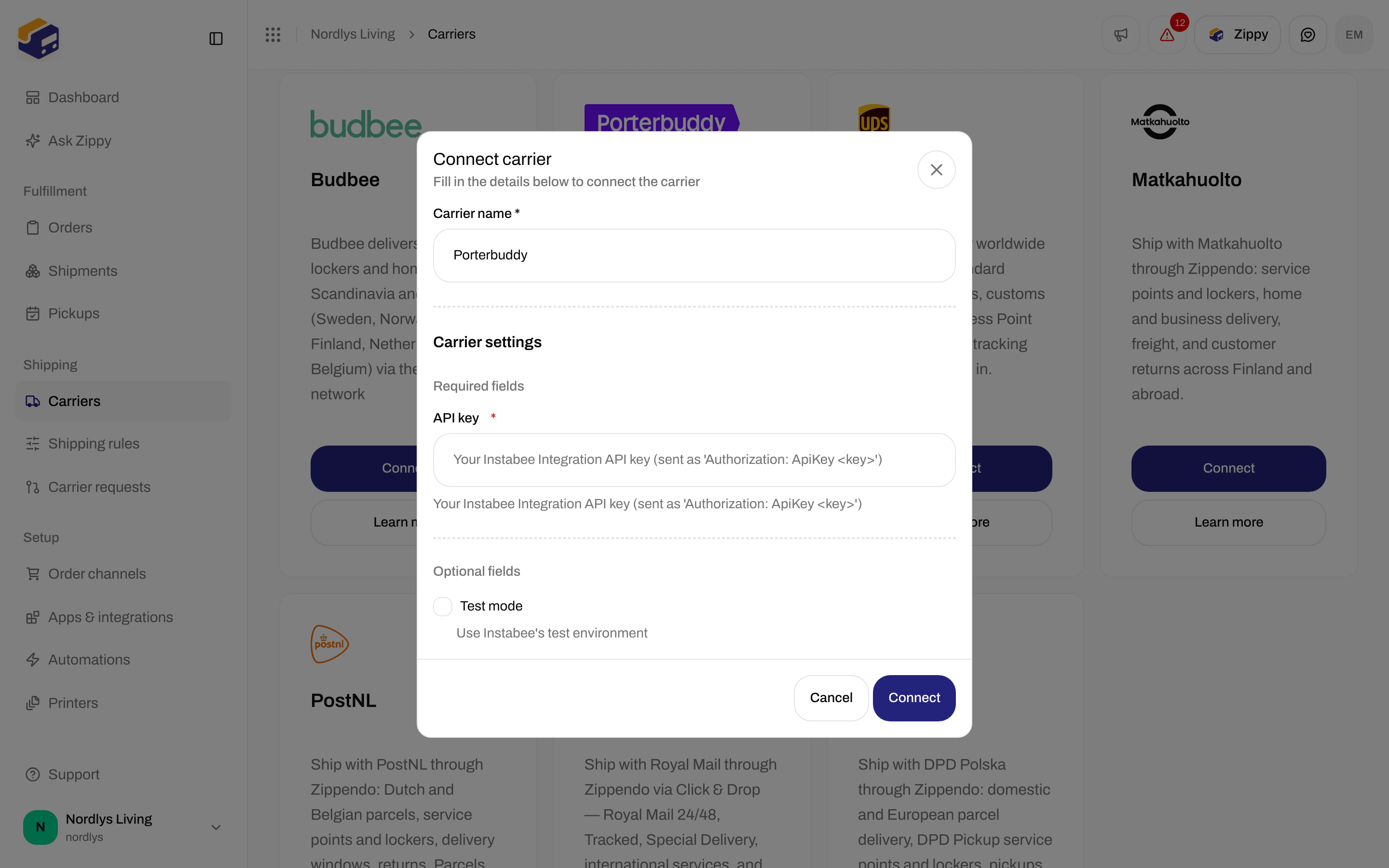 Connect carrier window for Porterbuddy with the API key field and the Test mode checkbox