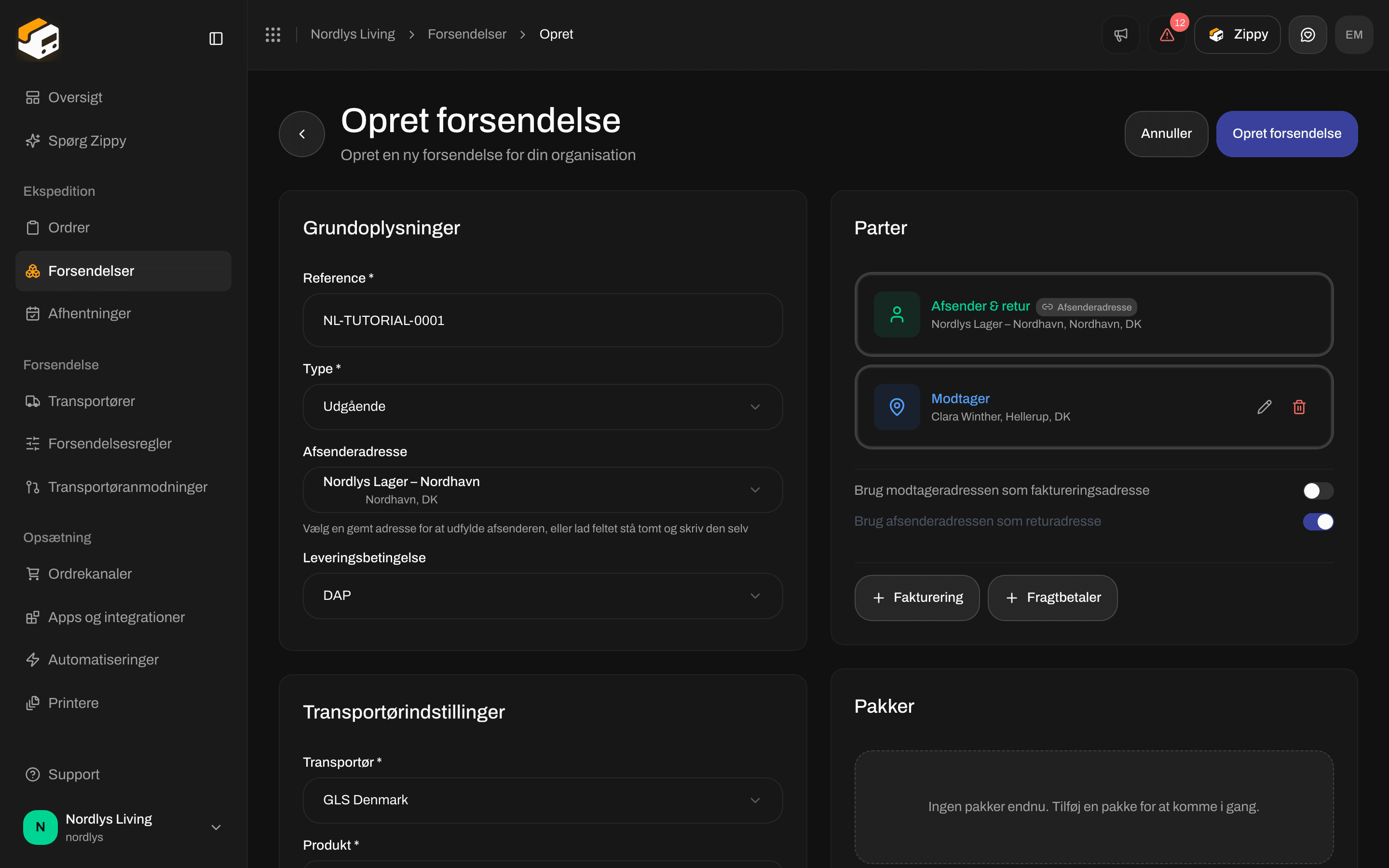 Kortet Parter med Afsender og Retur låst fra afsenderadressen, en række til Modtager og kontakterne for samme adresse