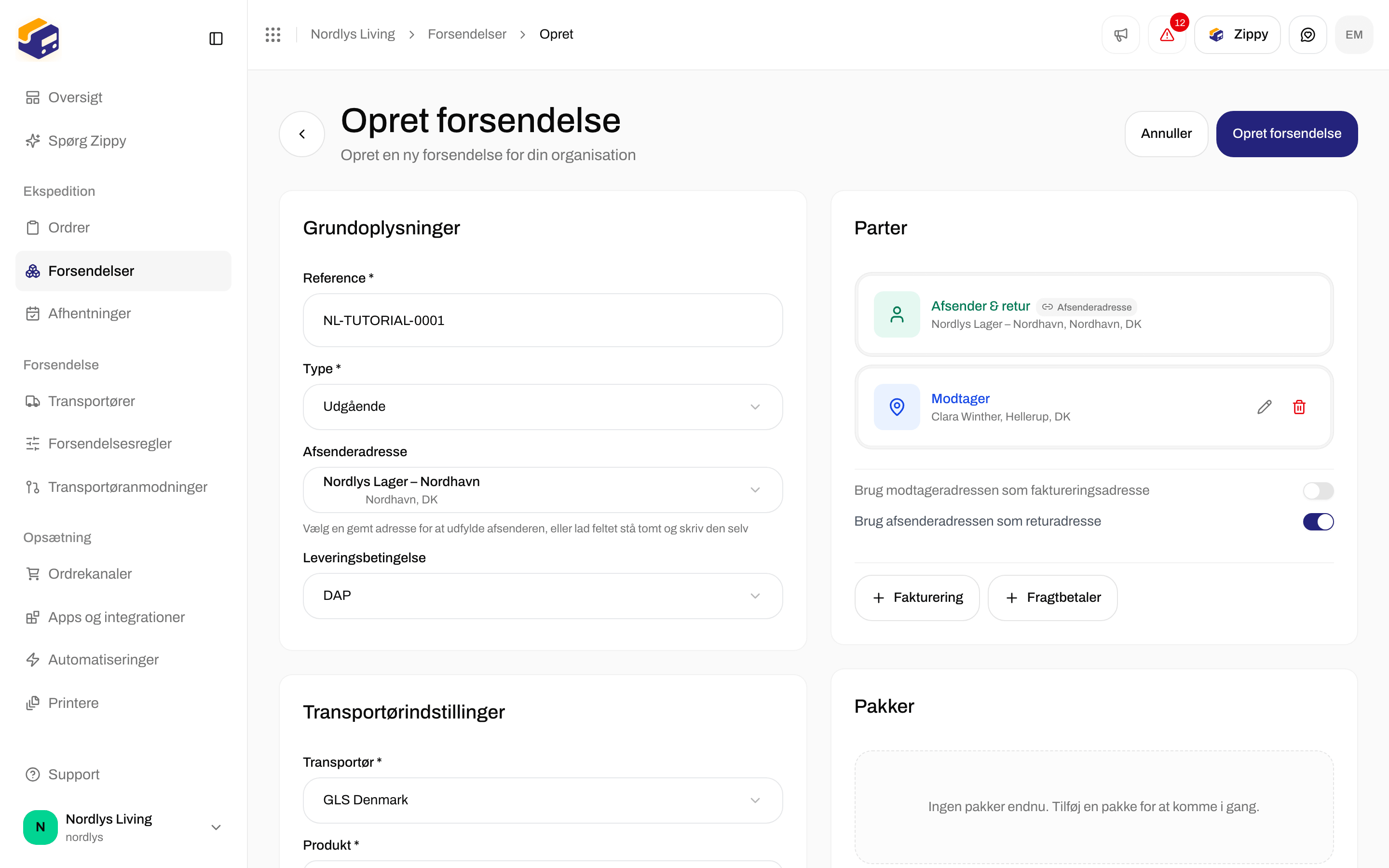 Kortet Parter med Afsender og Retur låst fra afsenderadressen, en række til Modtager og kontakterne for samme adresse