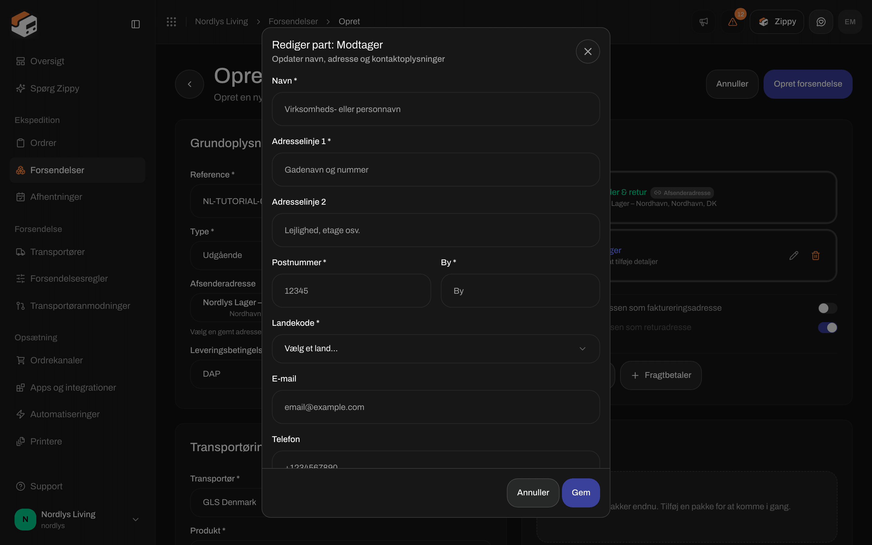 Vinduet Rediger part: Modtager med navn, adresse, postnummer, by, landevælger, e-mail og telefon