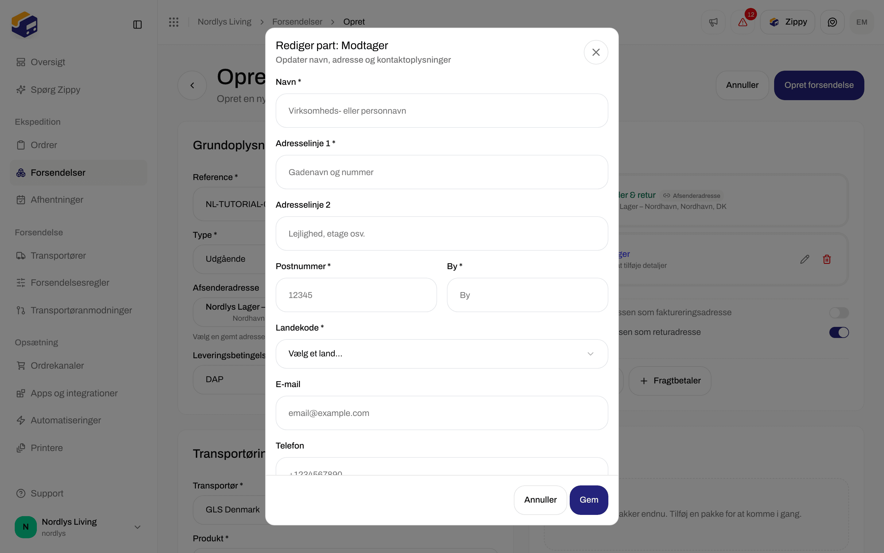 Vinduet Rediger part: Modtager med navn, adresse, postnummer, by, landevælger, e-mail og telefon