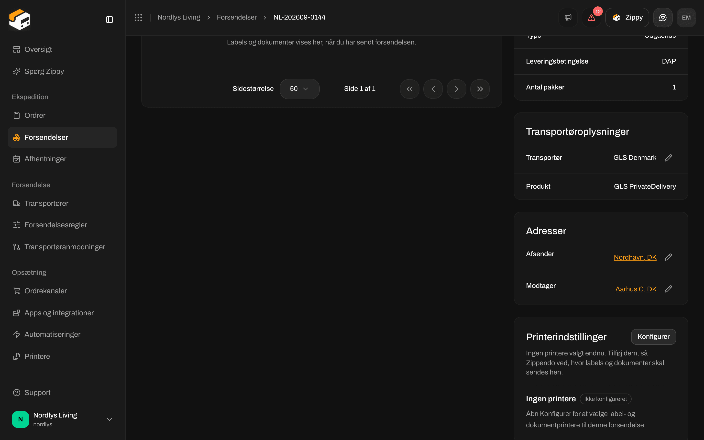 Boksen Printerindstillinger på en forsendelse, der viser Ingen printere og Ikke konfigureret