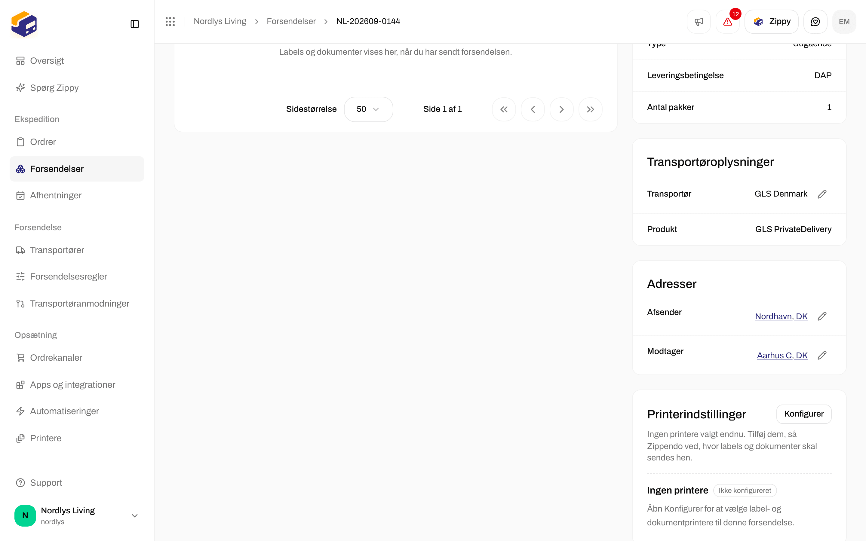 Boksen Printerindstillinger på en forsendelse, der viser Ingen printere og Ikke konfigureret