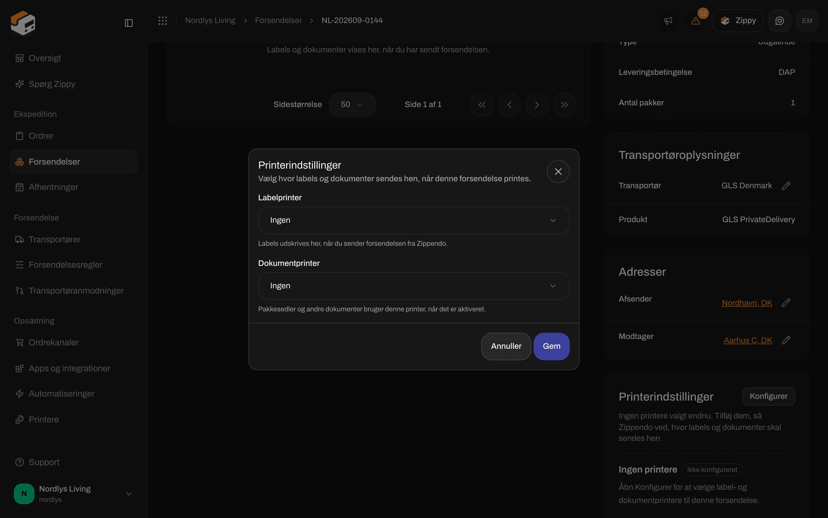 Vinduet Printerindstillinger med listerne Labelprinter og Dokumentprinter