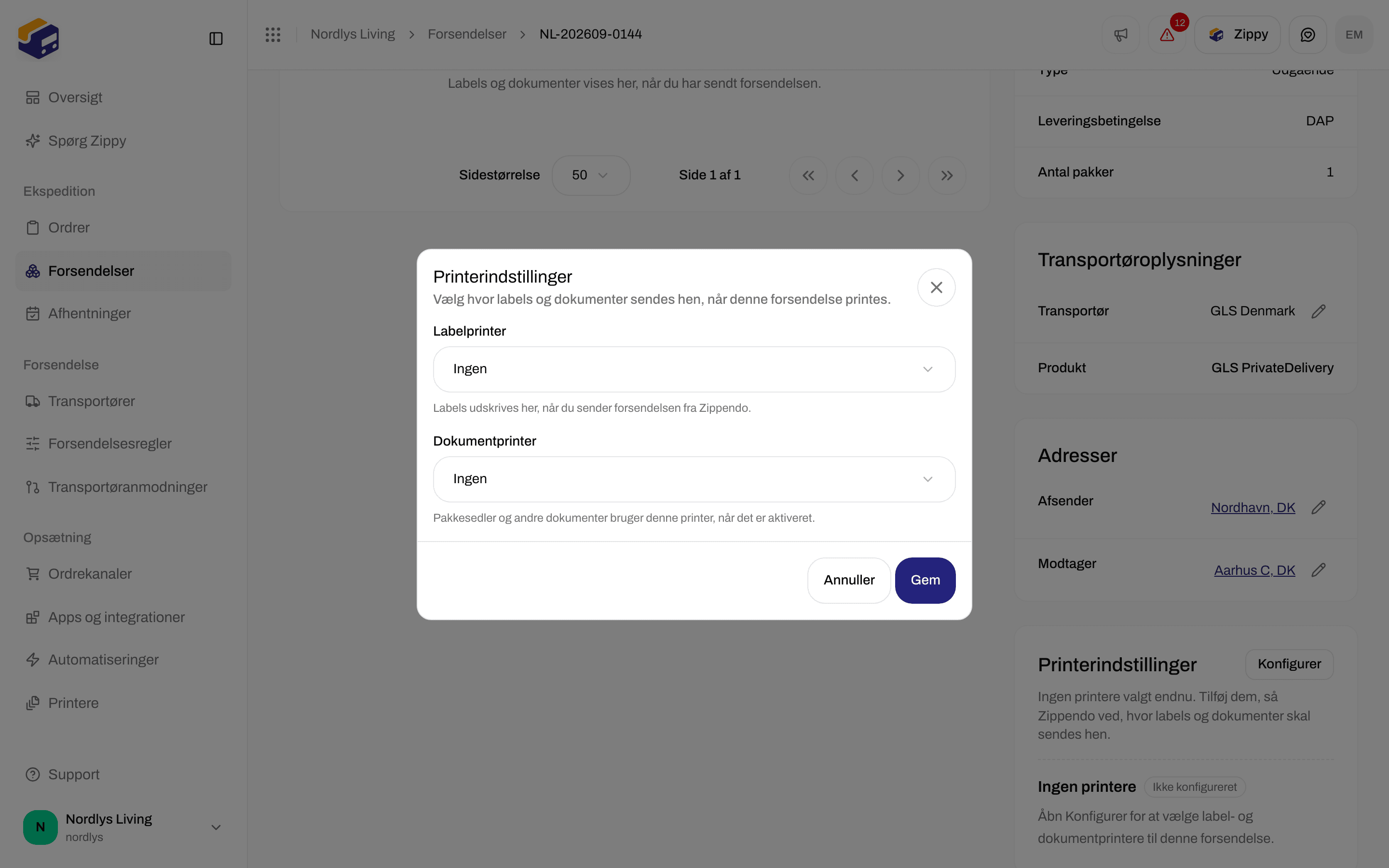 Vinduet Printerindstillinger med listerne Labelprinter og Dokumentprinter