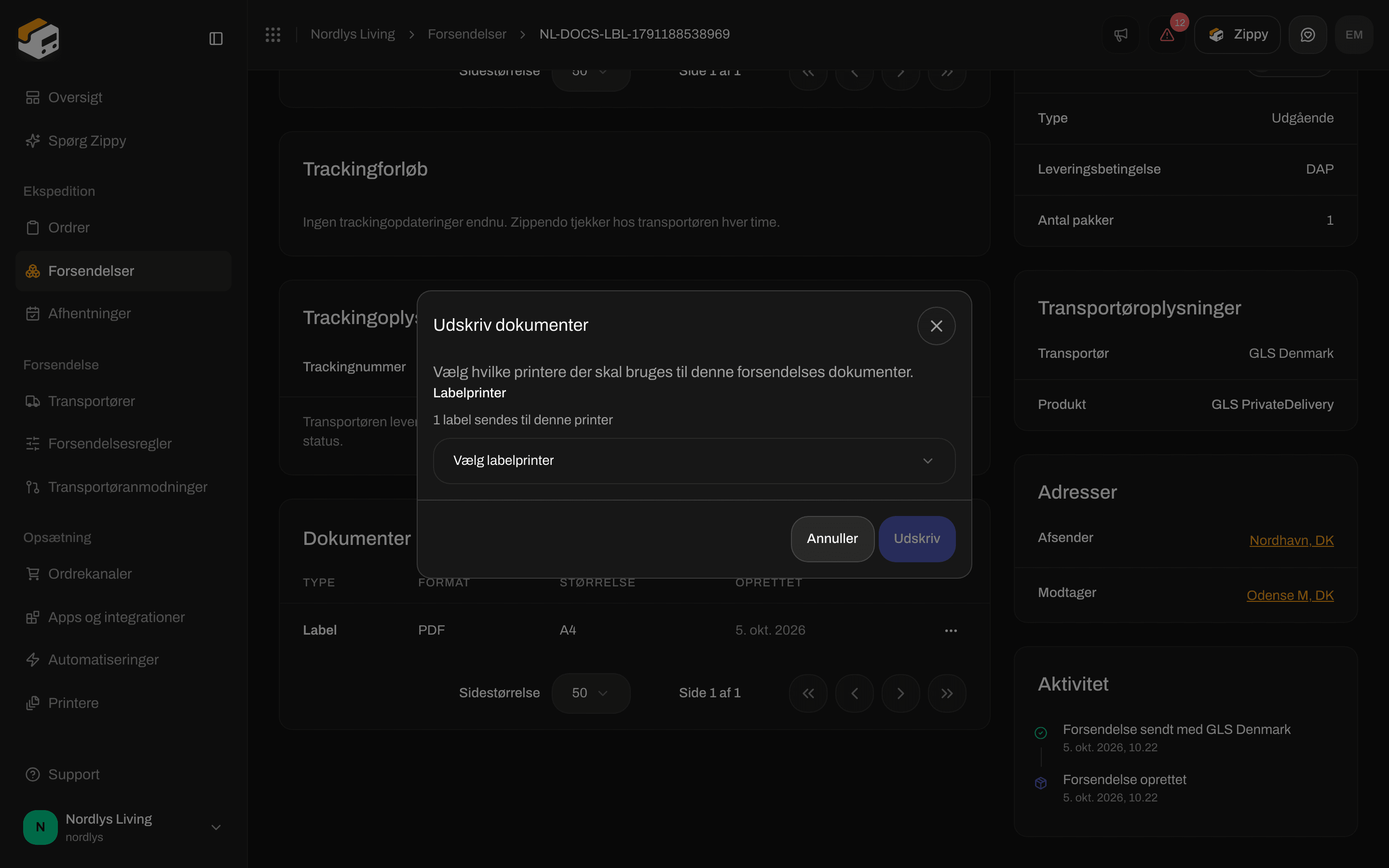 Vinduet Udskriv dokumenter, der spørger efter en Labelprinter, med antallet af labels, der sendes