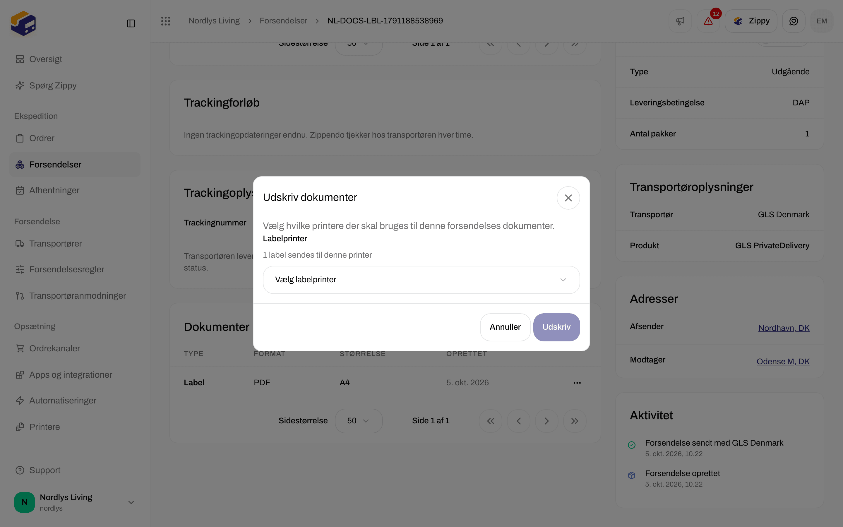 Vinduet Udskriv dokumenter, der spørger efter en Labelprinter, med antallet af labels, der sendes