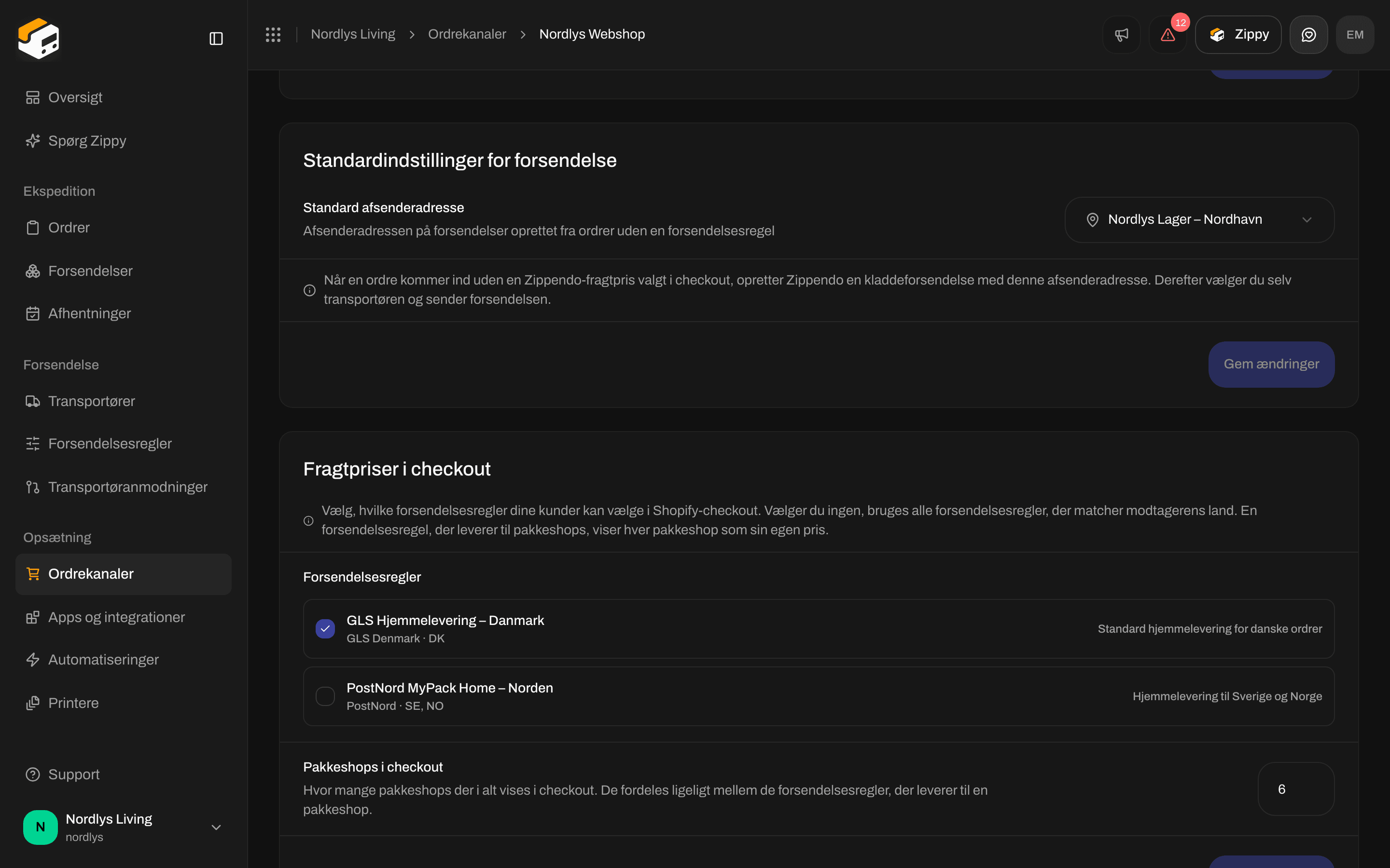 Fragtpriser i checkout med afkrydsningsfelter til forsendelsesregler og Pakkeshops i checkout sat til 6