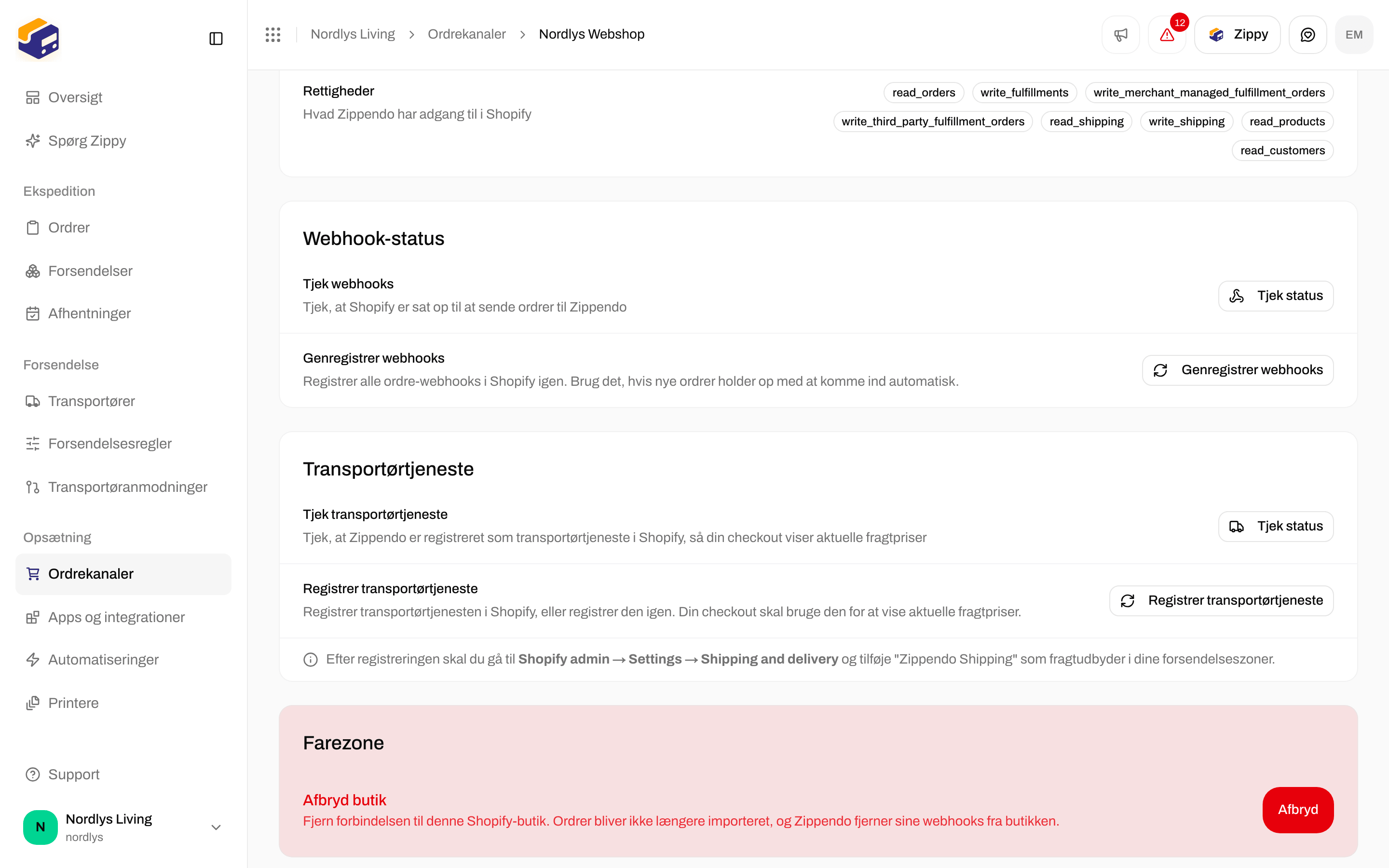 Shopify-fanen Forbindelse & integration med kortet Transportørtjeneste, Tjek status og Registrer transportørtjeneste